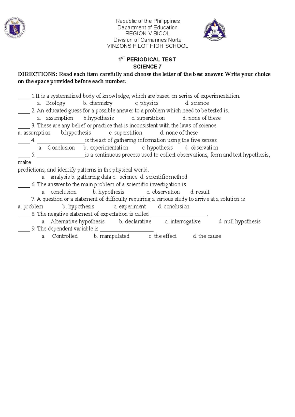 Grade 7 periodical test republic of the philippines department of
