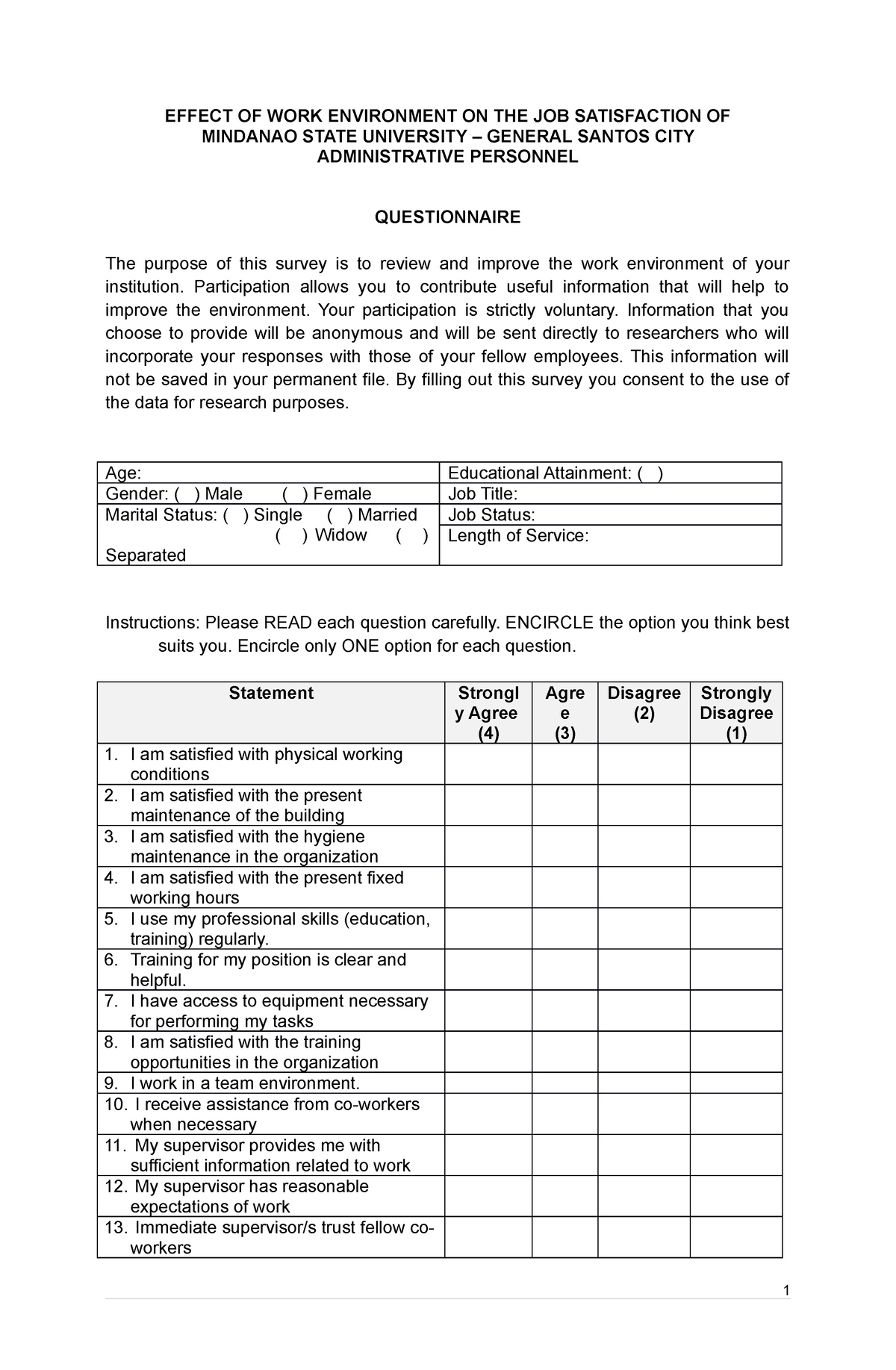 work environment questionnaire thesis