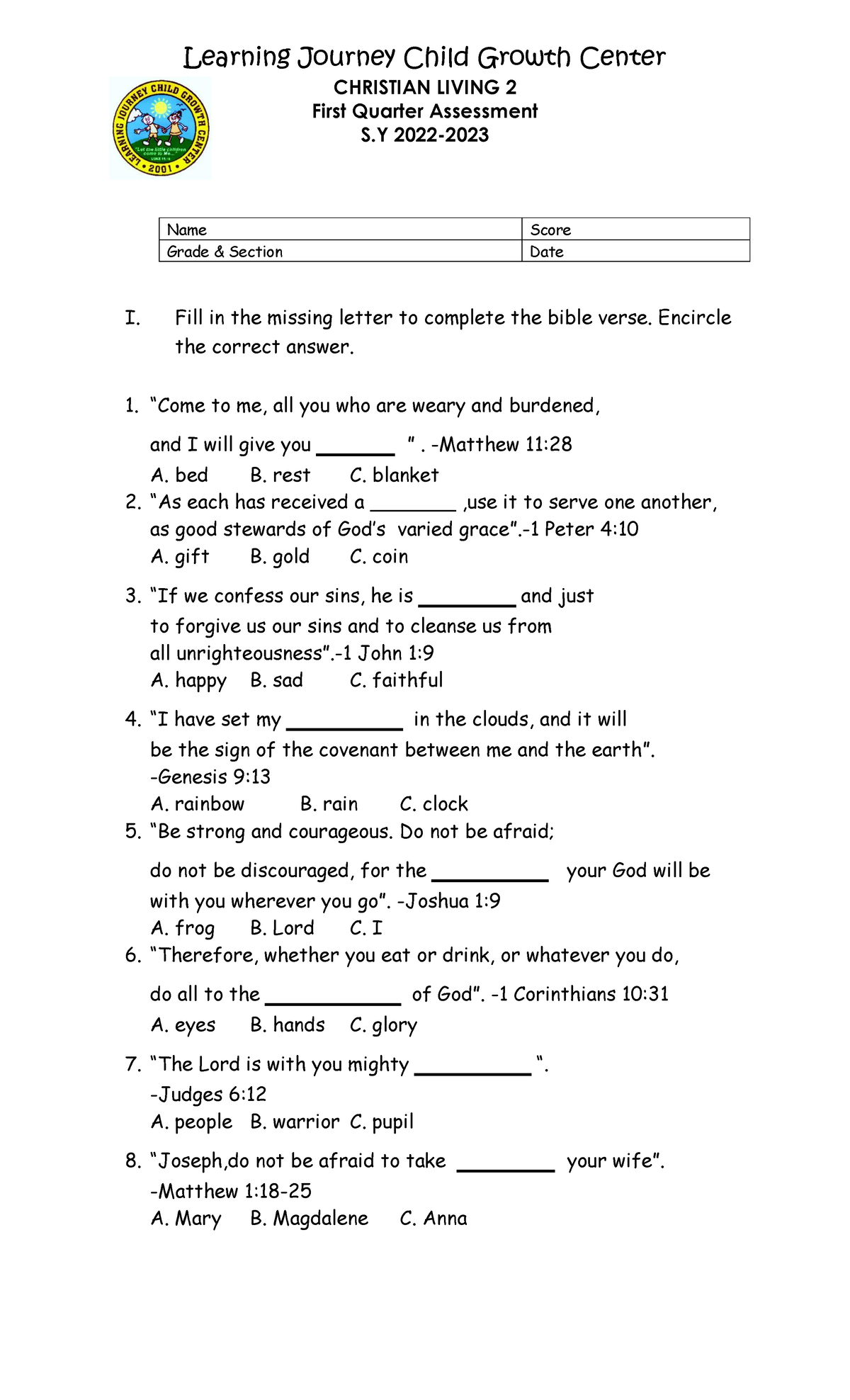 Christian Living 2 cl 2 Learning Journey Child Growth Center