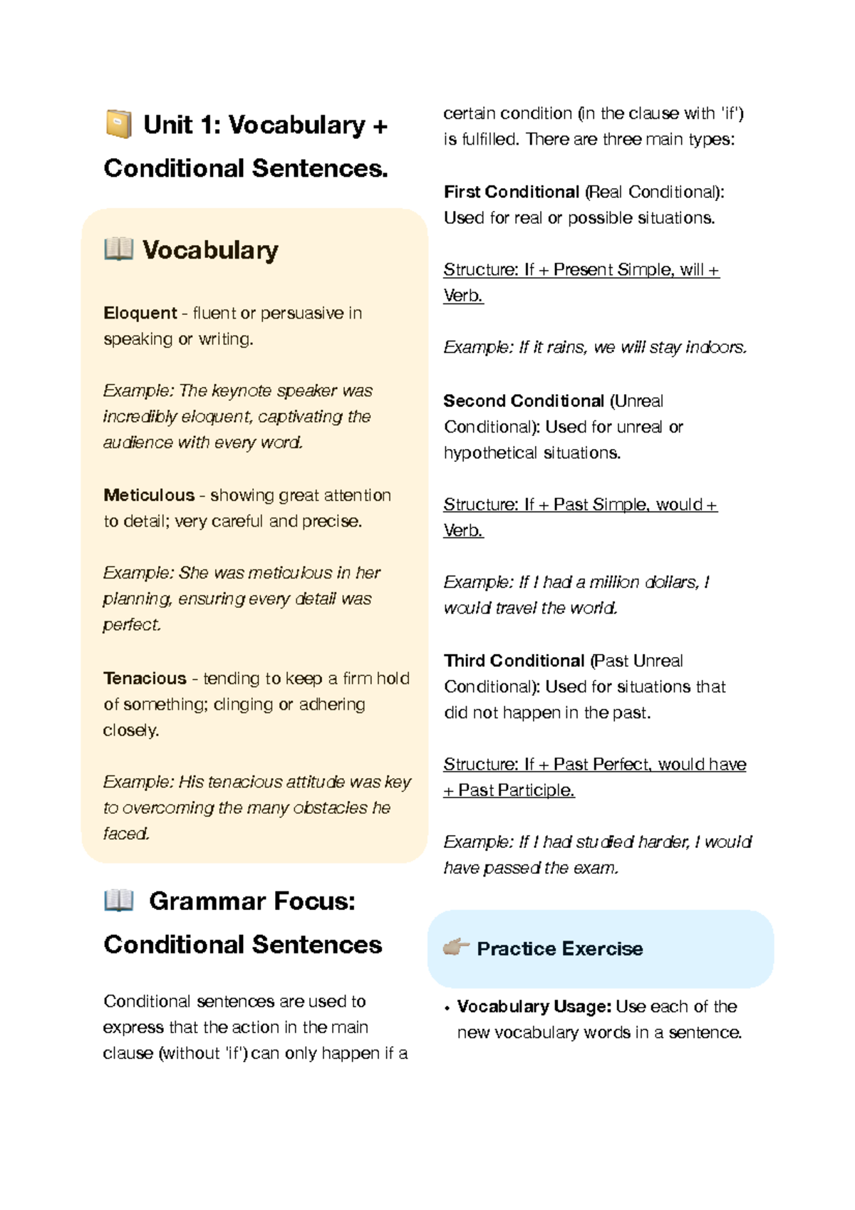 Intermatiate English practice - 📔 Unit 1: Vocabulary + Conditional ...