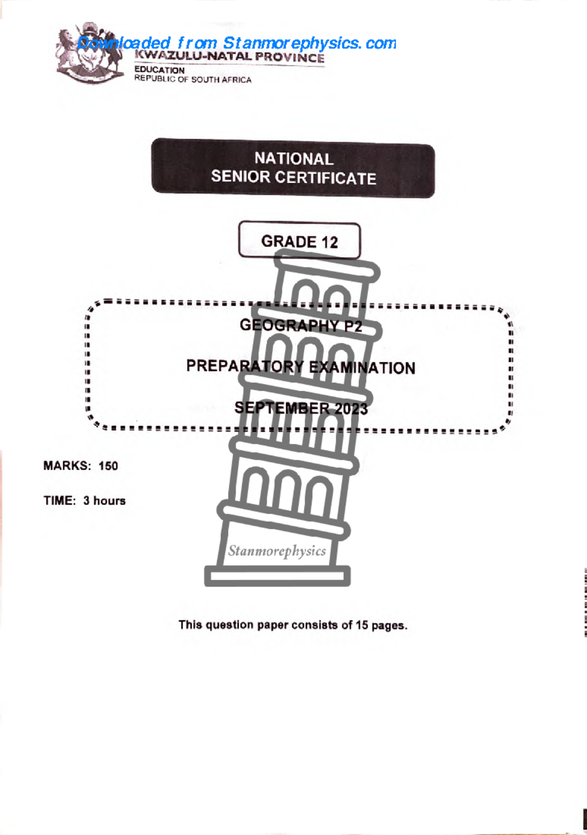 KZN Geography Grade 12 September 2023 P2 and Memo - MARKS: 150 TIME: 3 ...