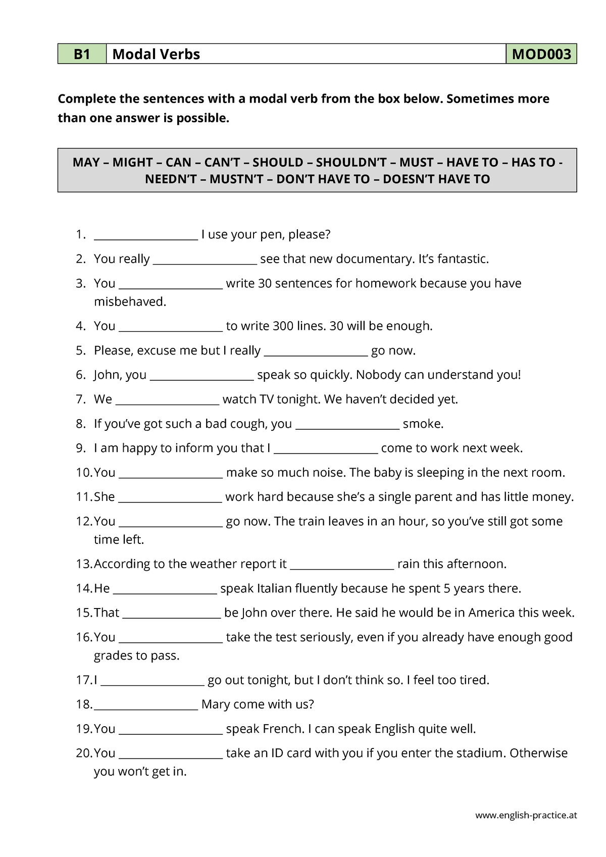 Mod003 - Dsd - English-practice B1 Modal Verbs MOD Complete The ...