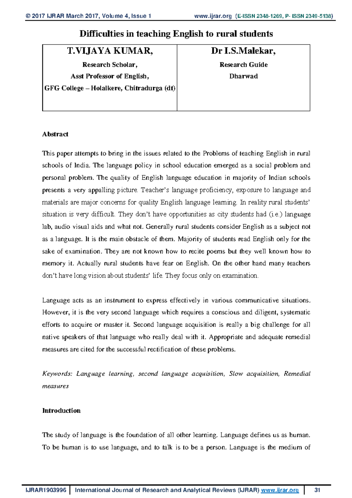 Difficulties in teaching English to rural students - S, Research Guide ...