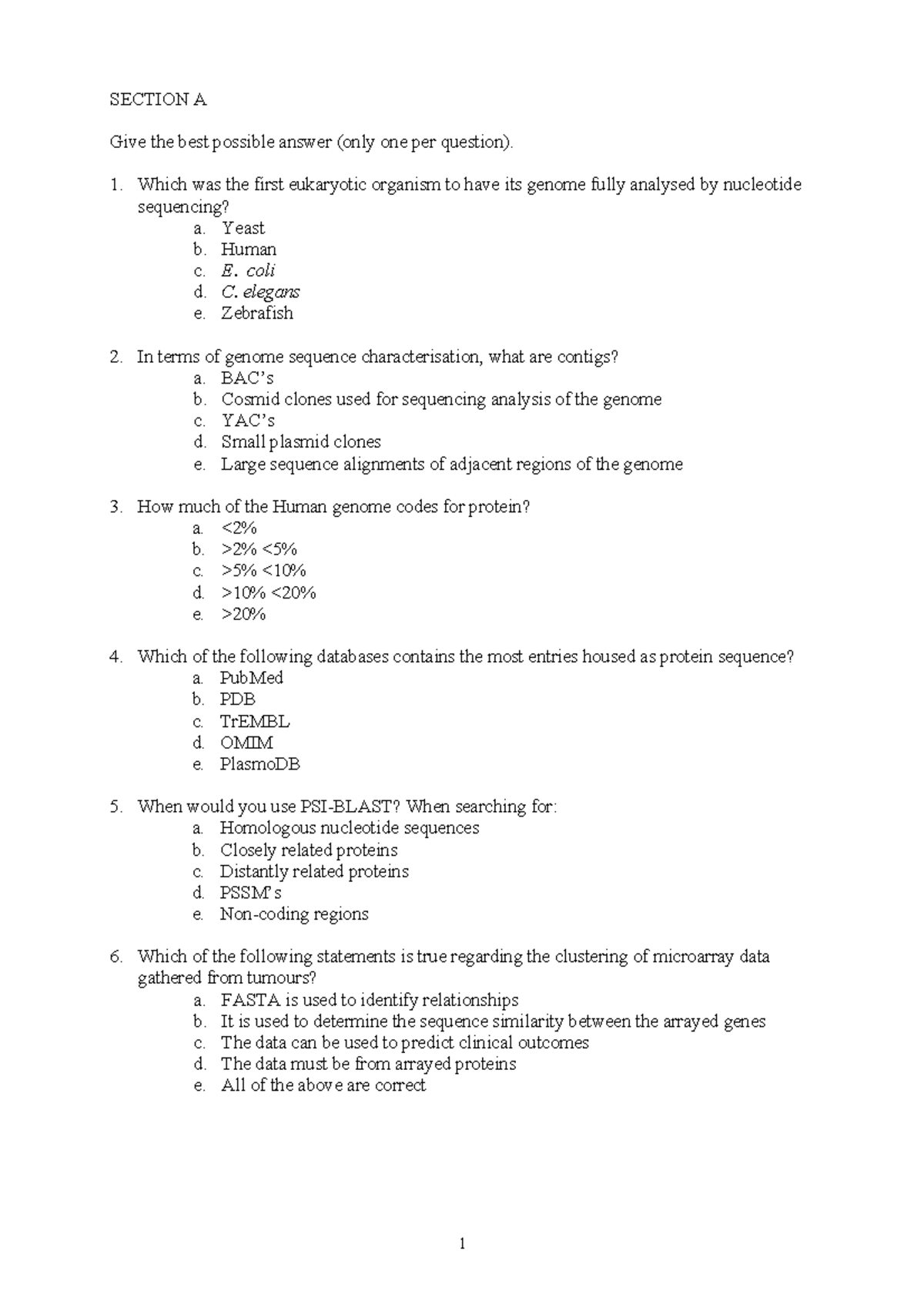 Bioinformatics practice exam - SECTION A Give the best possible answer ...