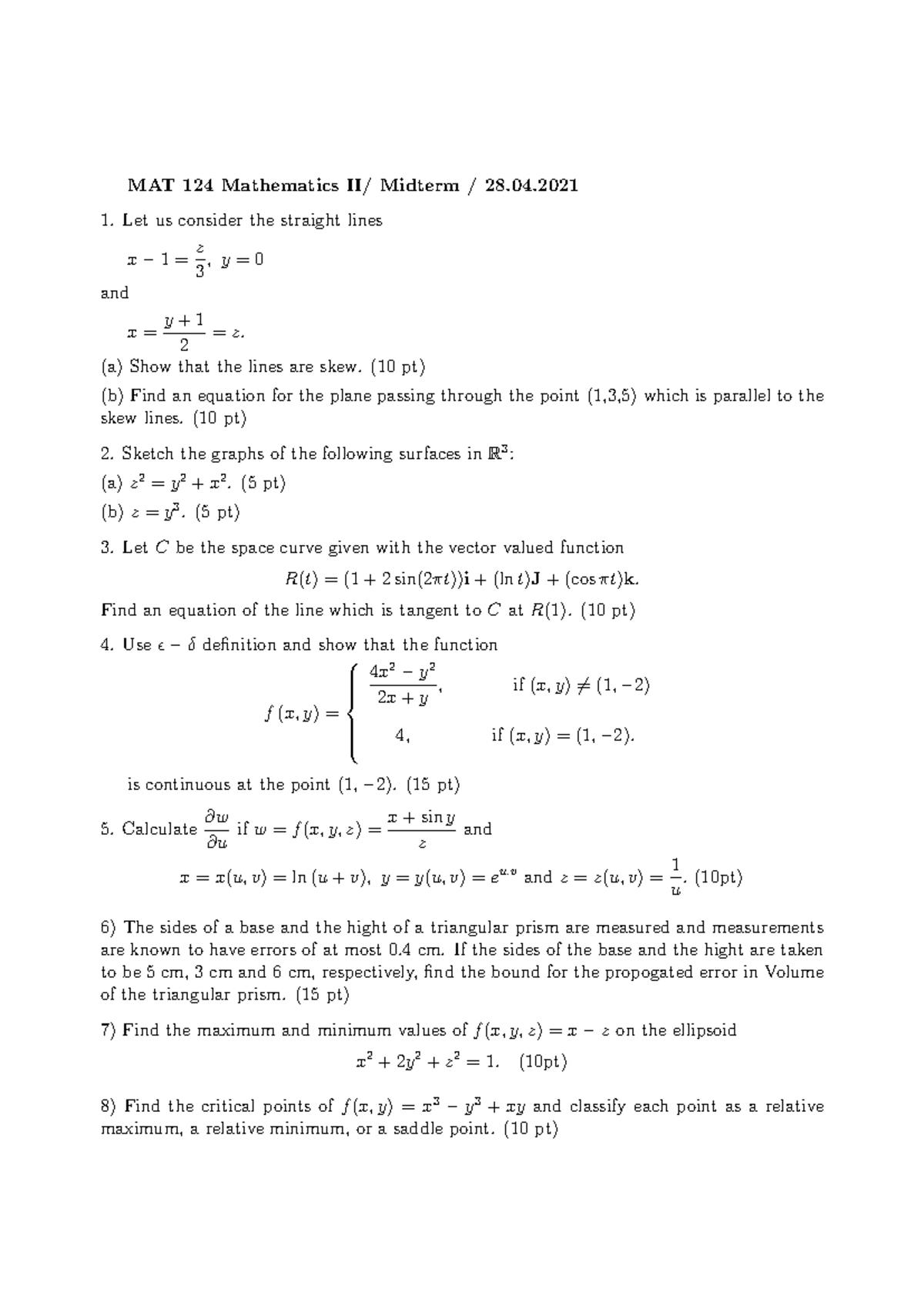 MTK124-midterm - math mid term - MAT 124 Mathematics II/ Midterm / 28 ...