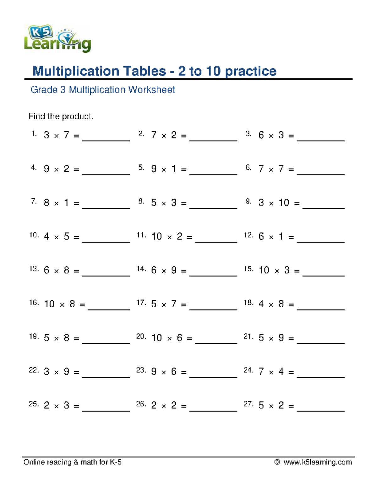 Grade 3 multiplication table - Online reading & math for K-5 ...