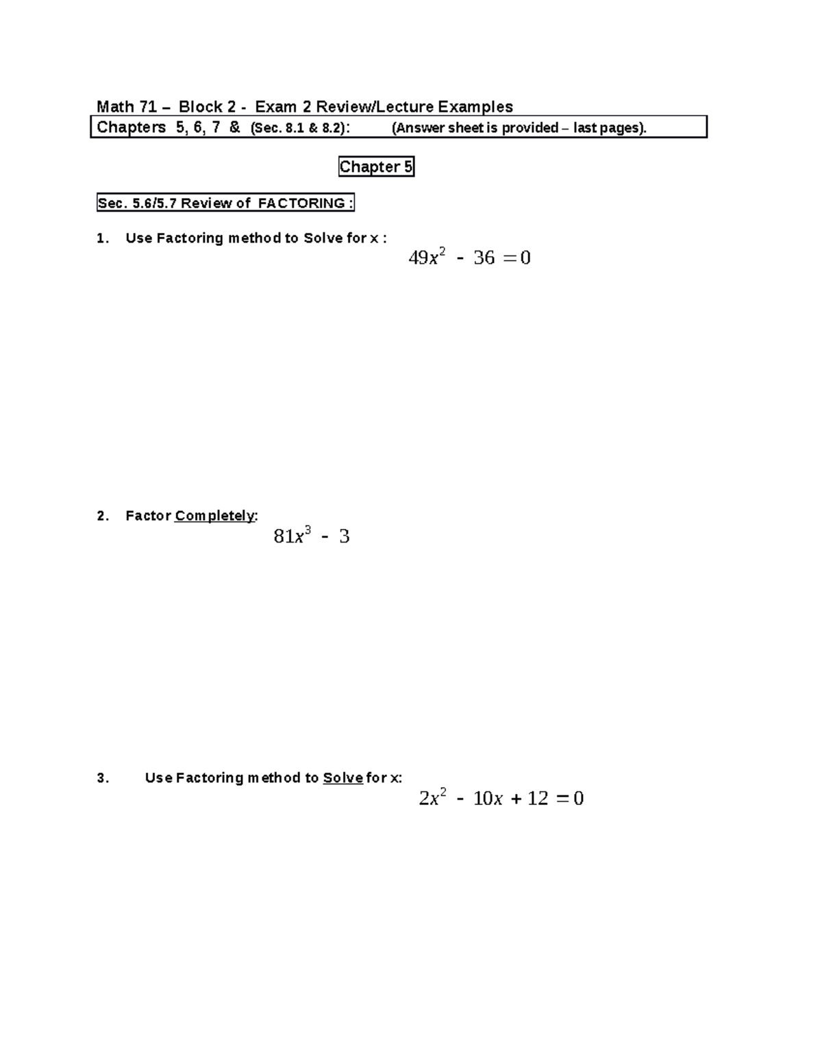 Math71 Exam2 - Answers - Math 71 – Block 2 - Exam 2 Review/Lecture ...