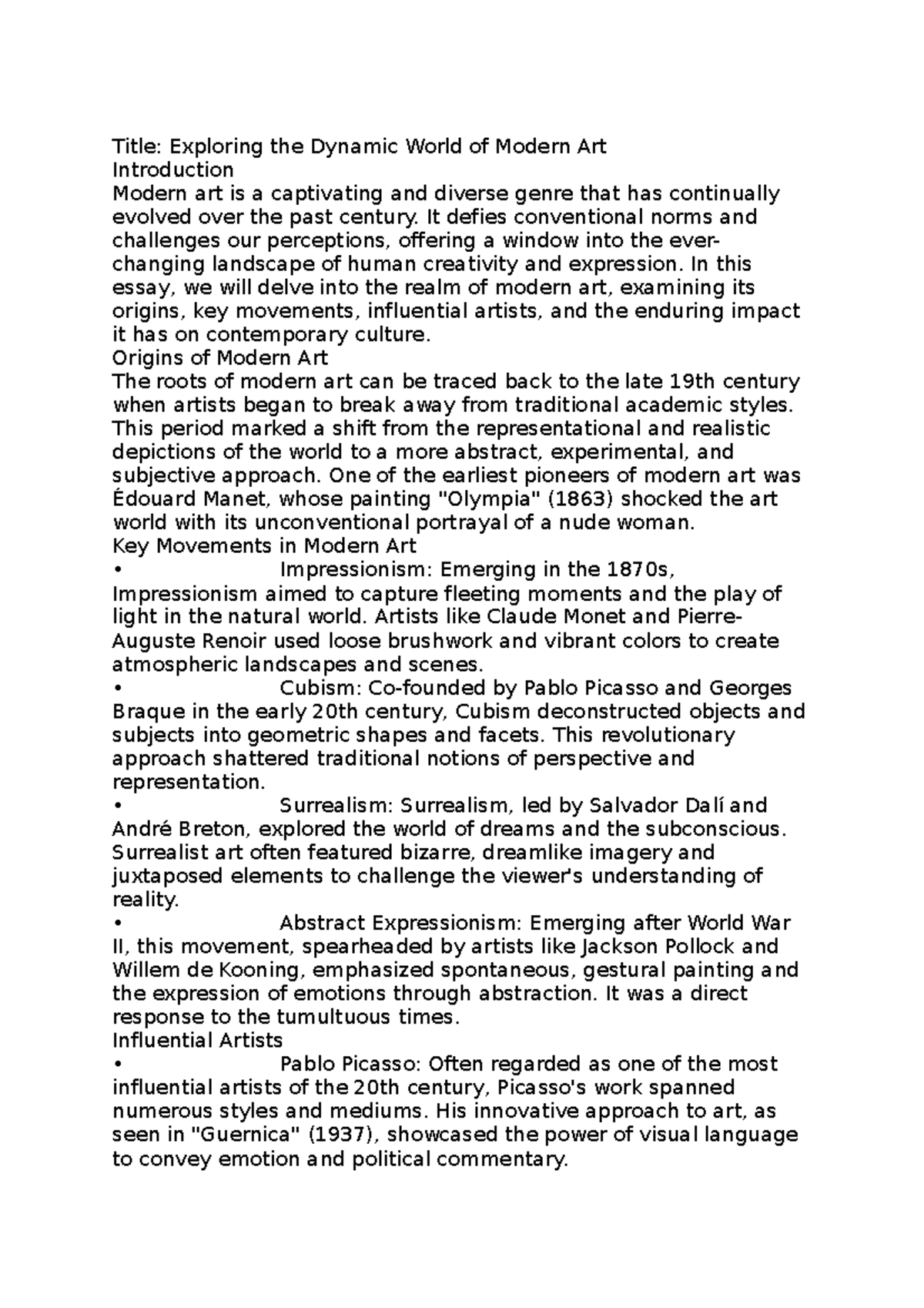 Art homework sdfghui Title Exploring the Dynamic World of Modern