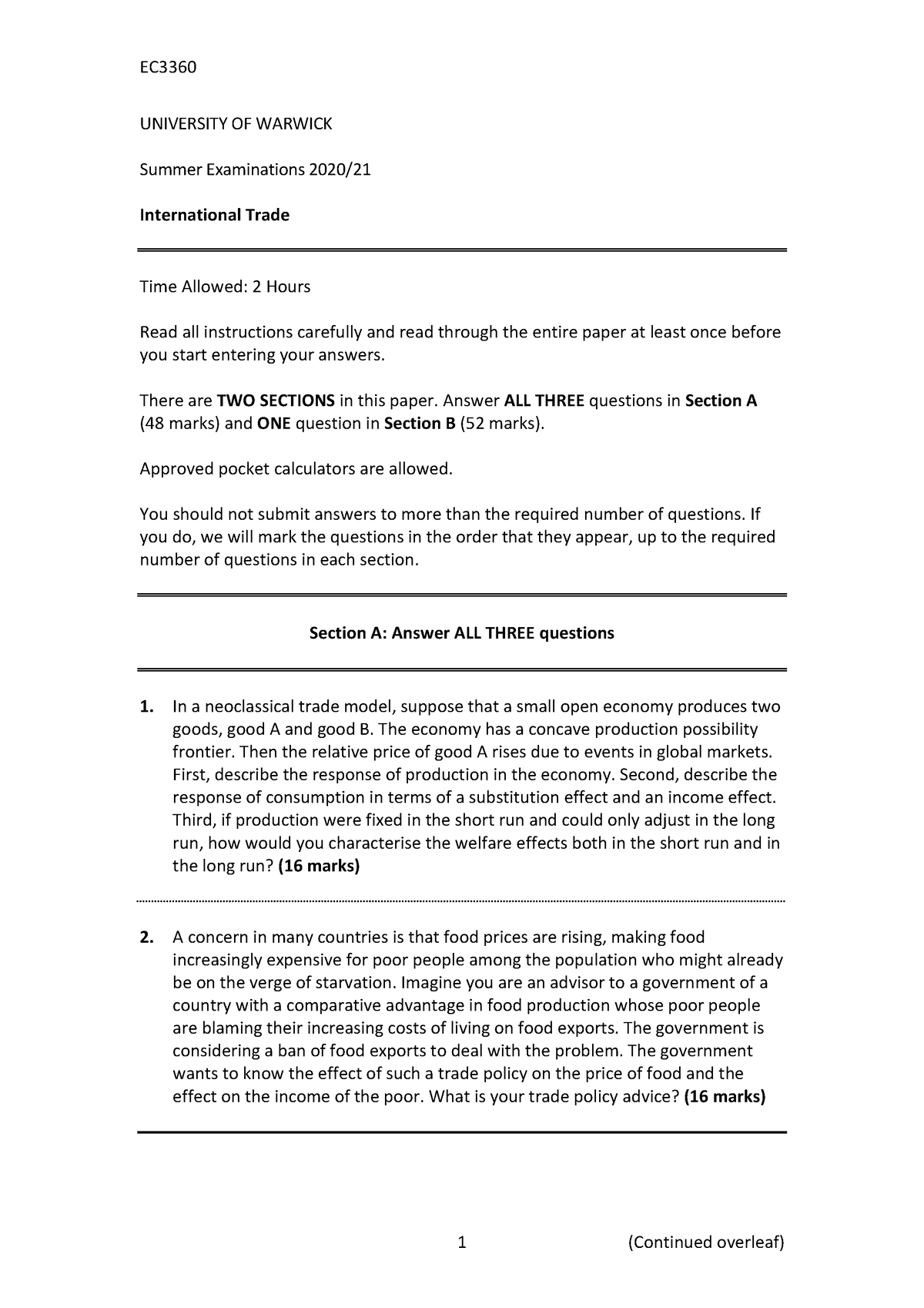 Ec3360 may 2021 - EC 1 (Continued overleaf) UNIVERSITY OF WARWICK ...