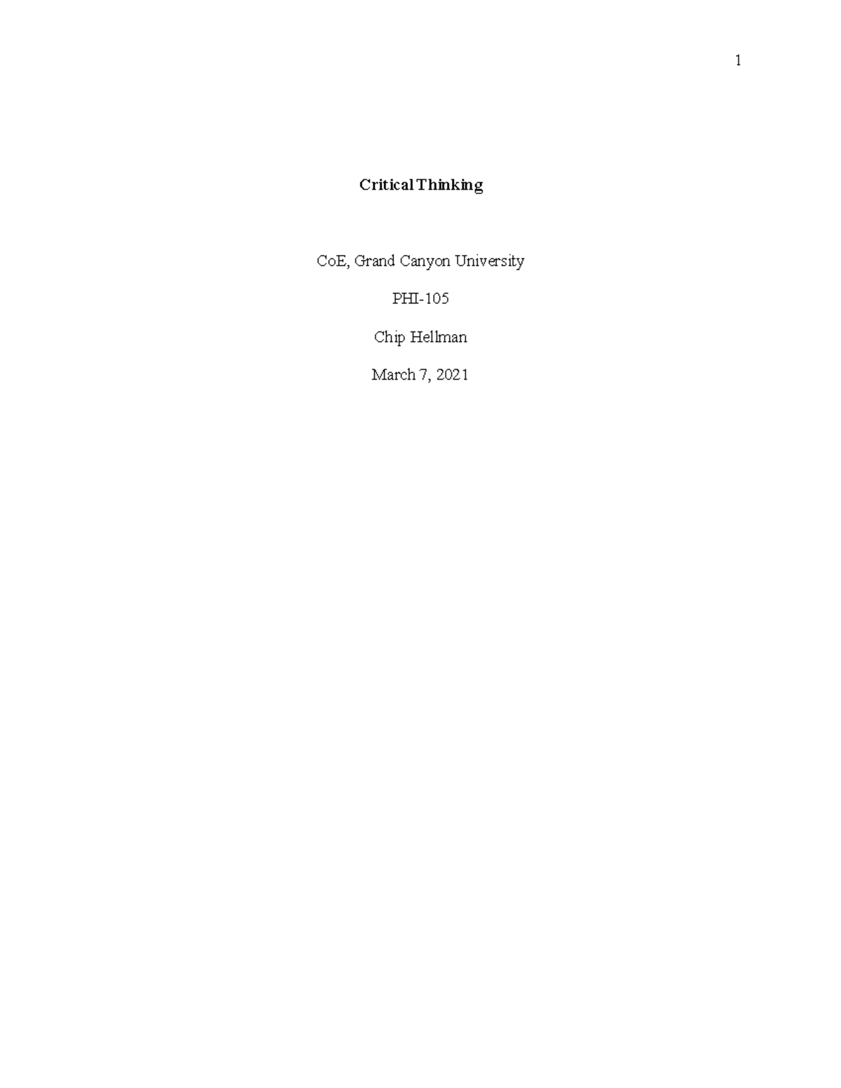 Critical Thinking Reflection SD - Critical Thinking CoE, Grand Canyon ...
