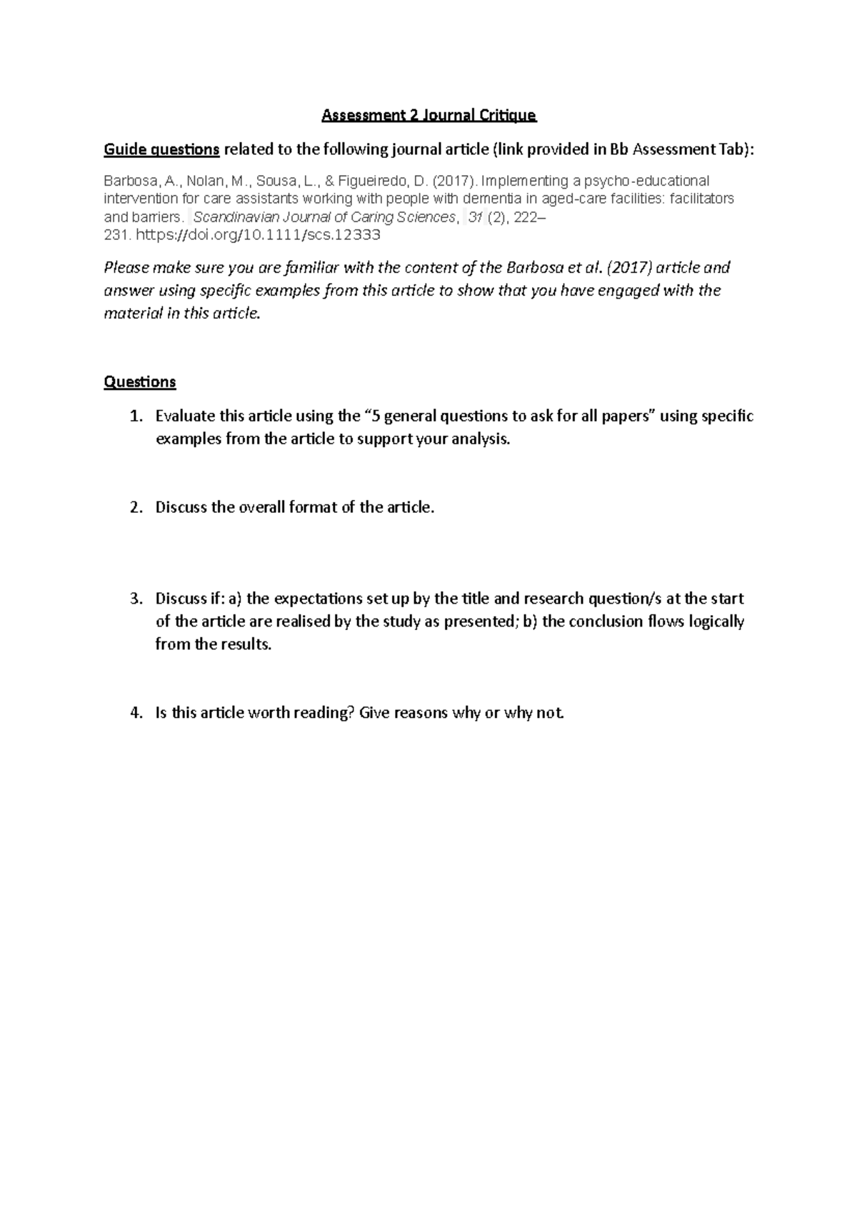 Assessment 2 Journal Critique Guide Questions , Nolan, M., Sousa, L