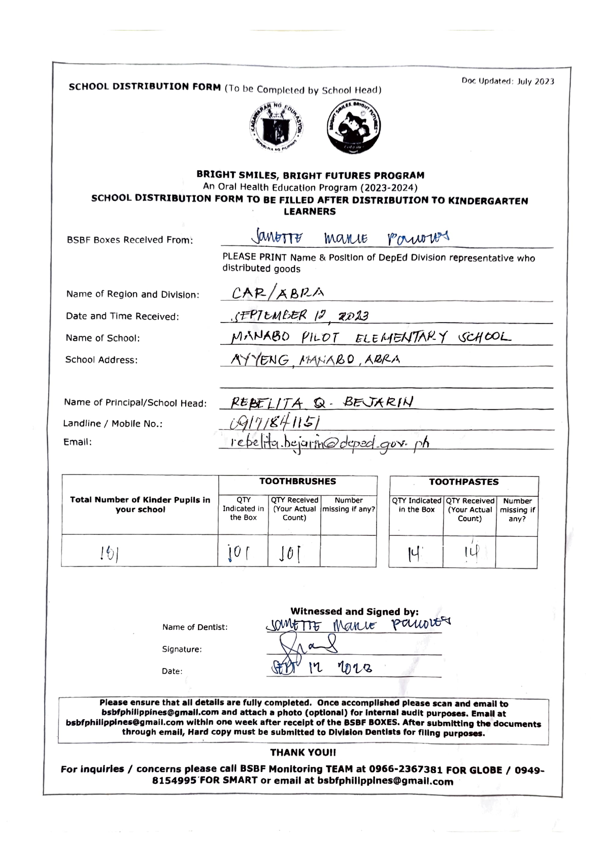 Bright Smiles, Bright Futures Program - SCHOOL DISTRIBUTION FORM (To be ...