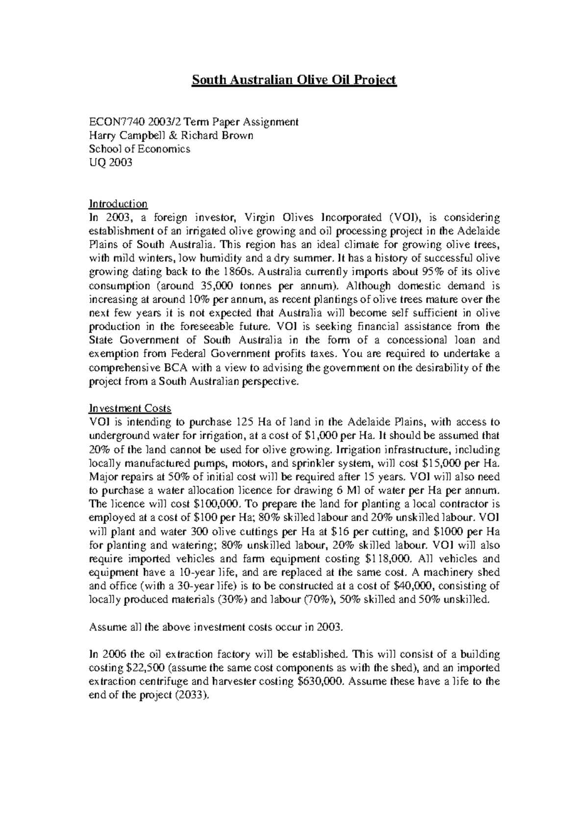 Outline VOI - BCA - South Australian Olive Oil Project ECON7740 2003/2 ...