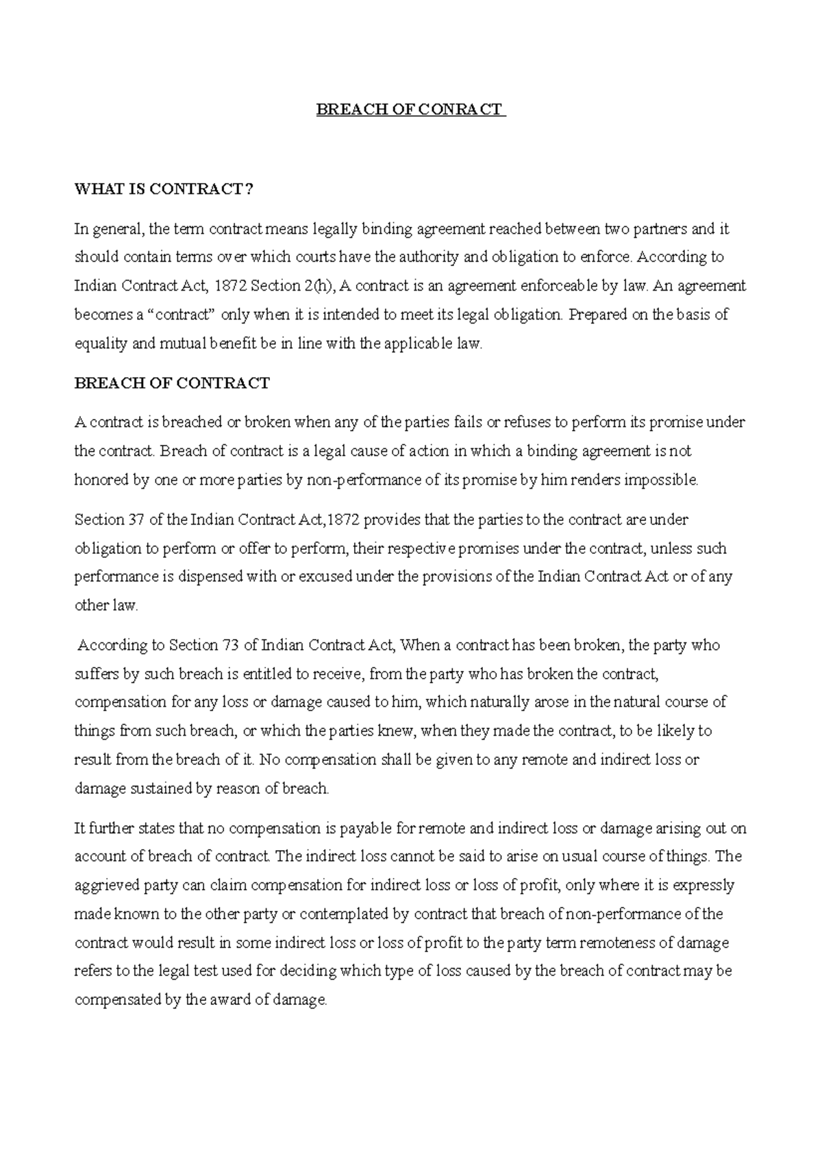 Breach of Contract (hadley v baxendale) BREACH OF CONRACT WHAT IS