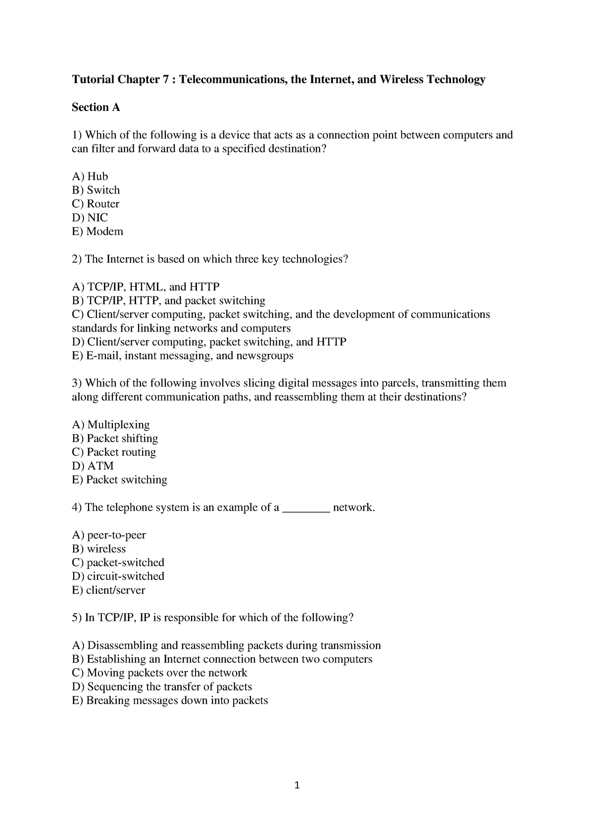 Tutorial 7 - Question - Tutorial Chapter 7 : Telecommunications, The ...