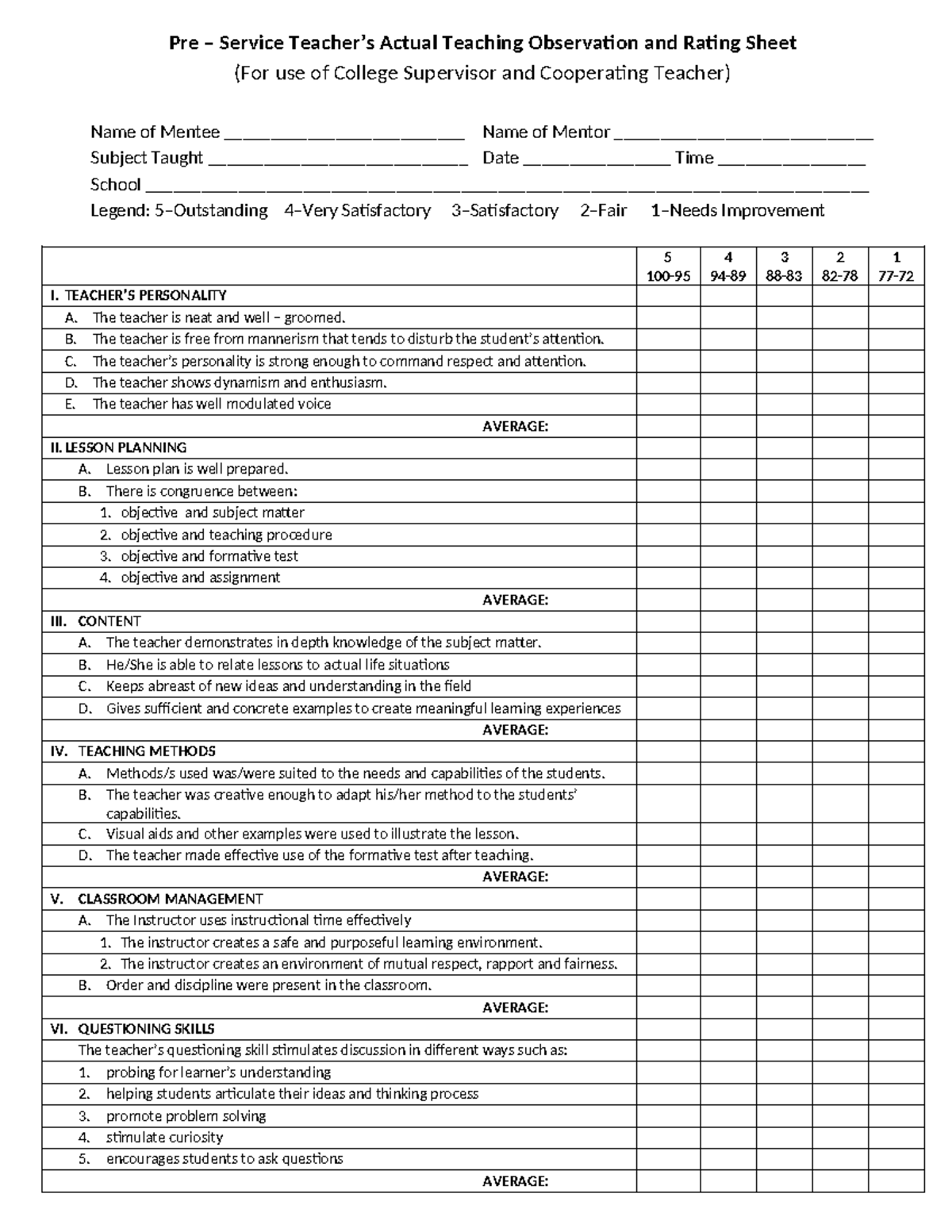 Demo-Rate-1 - Pre – Service Teacher’s Actual Teaching Observation and ...