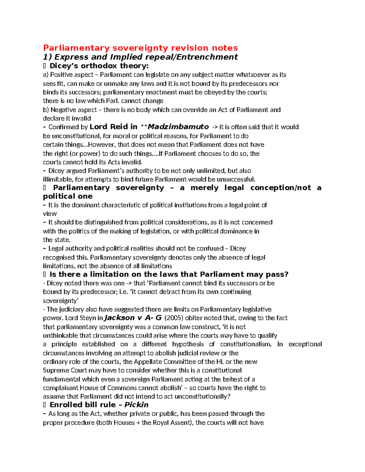 Parliamentary Sovereignty Revision Notes - Parliamentary sovereignty ...