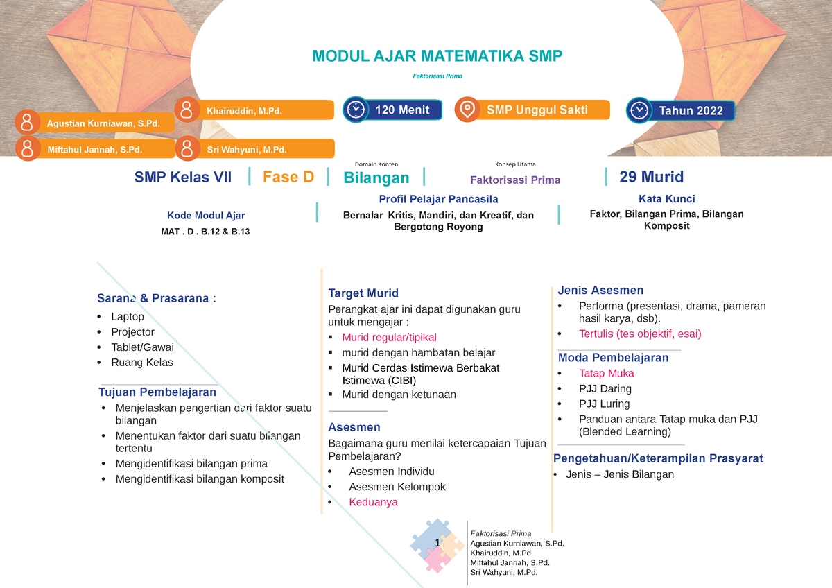 5. MA Kelas 7 Faktorisasi Prima - Kode Modul Ajar MAT. D. B & B. Profil ...