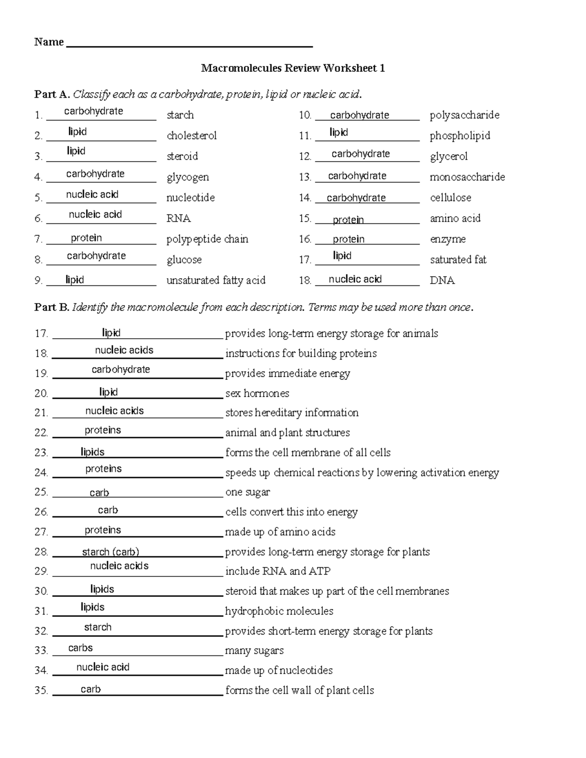 Macromolecules Review WS 1 - Name Macromolecules Review Worksheet 1 ...