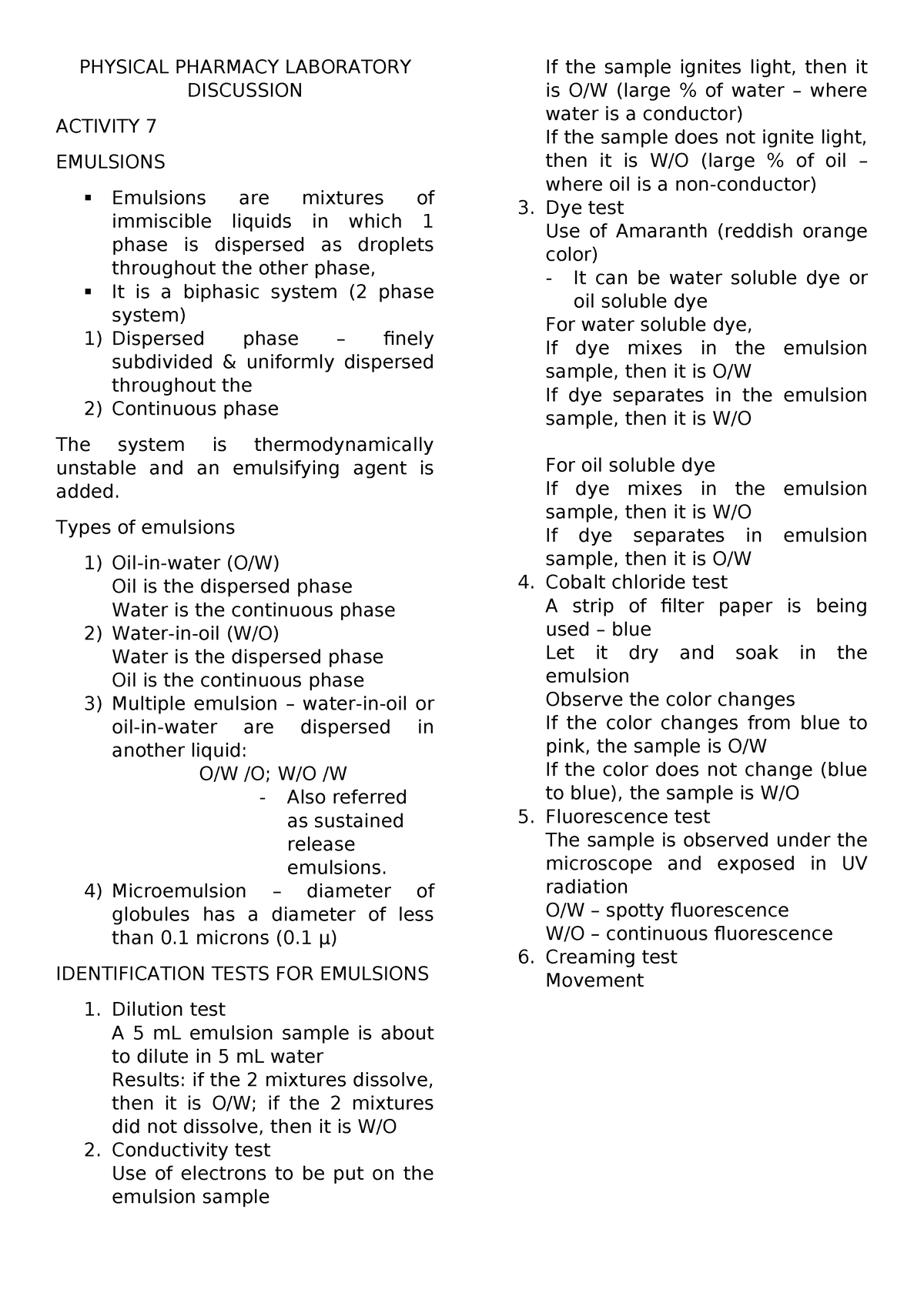 Emulsion Laboratory discussion PHYSICAL PHARMACY LABORATORY