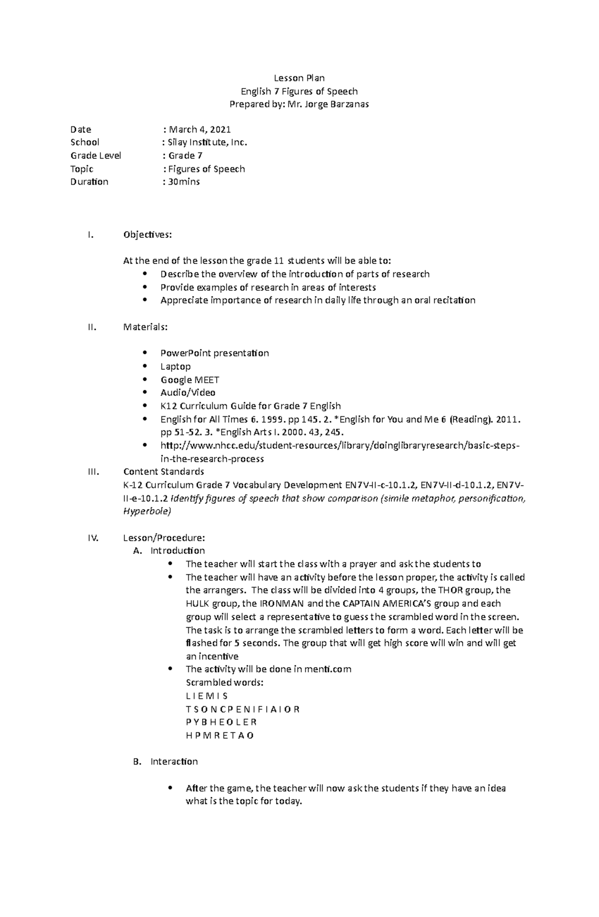 Lesson Plan in Masters Demo - Lesson Plan English 7 Figures of Speech ...