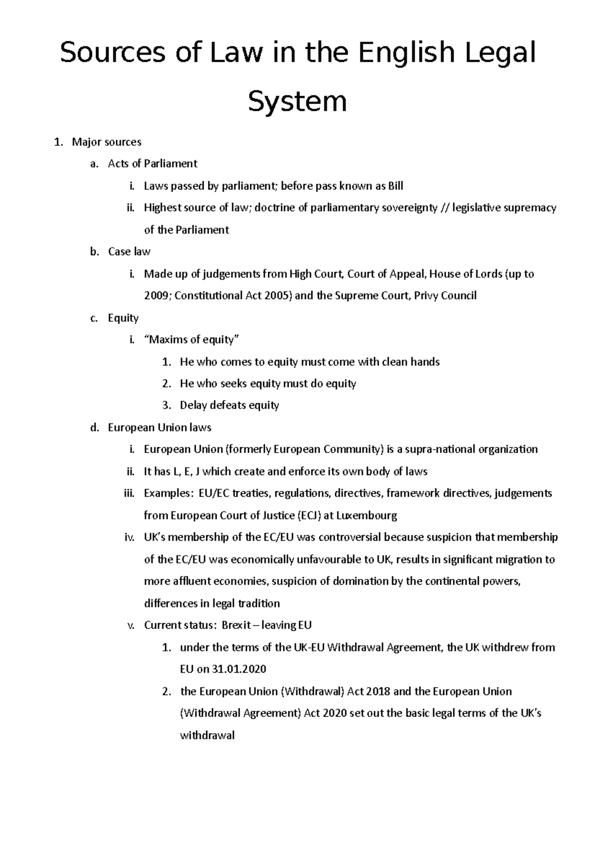 English Legal System Notes - Sources Of Law In The English Legal System ...