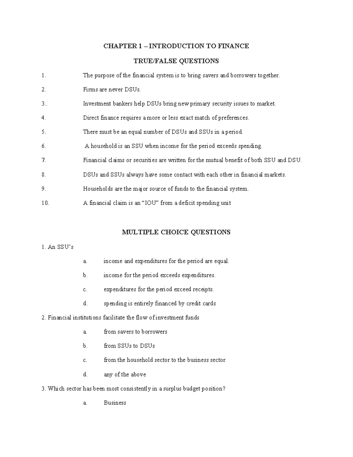 Chapter 1 - Introduction to Finance - CHAPTER 1 – INTRODUCTION TO ...