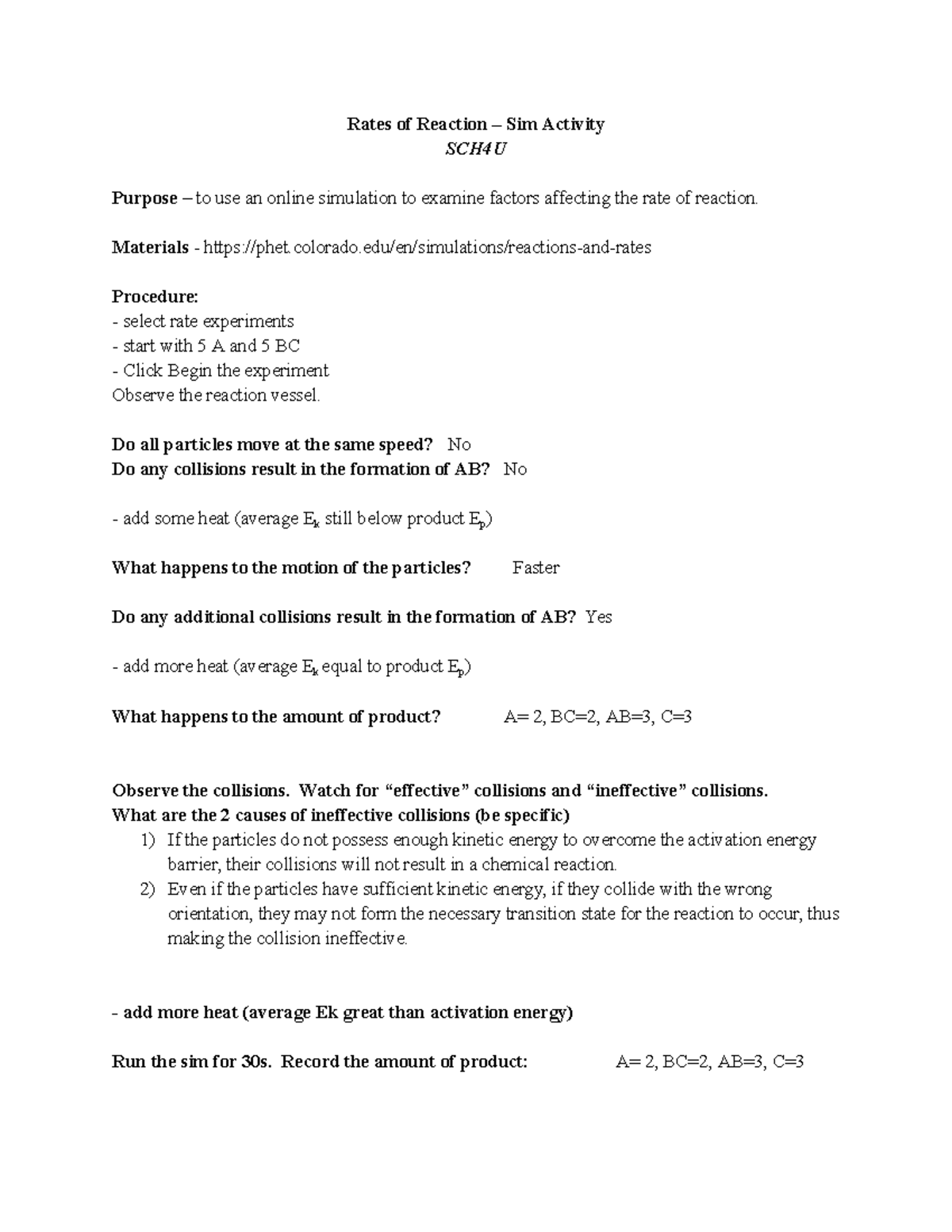 Rates of Reaction – Sim Activity - Rates of Reaction – Sim Activity ...