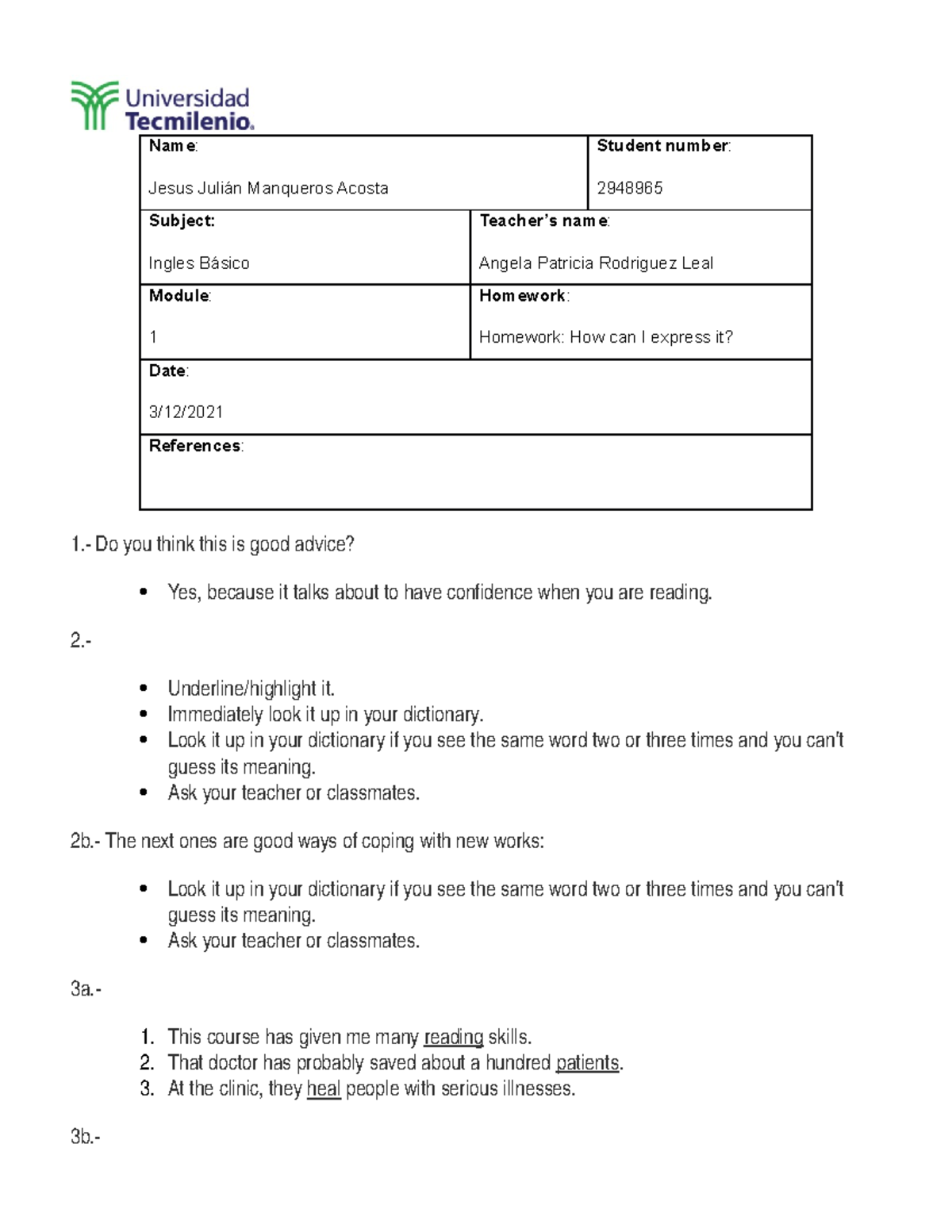 Tarea 3 ingles basico - TecMilenio - Studocu