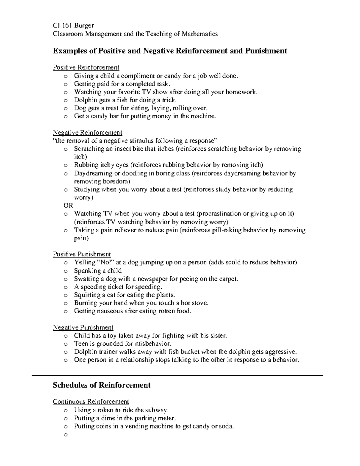 CI 161 Reinforcement Examples - CI 161 Burger Classroom Management and ...