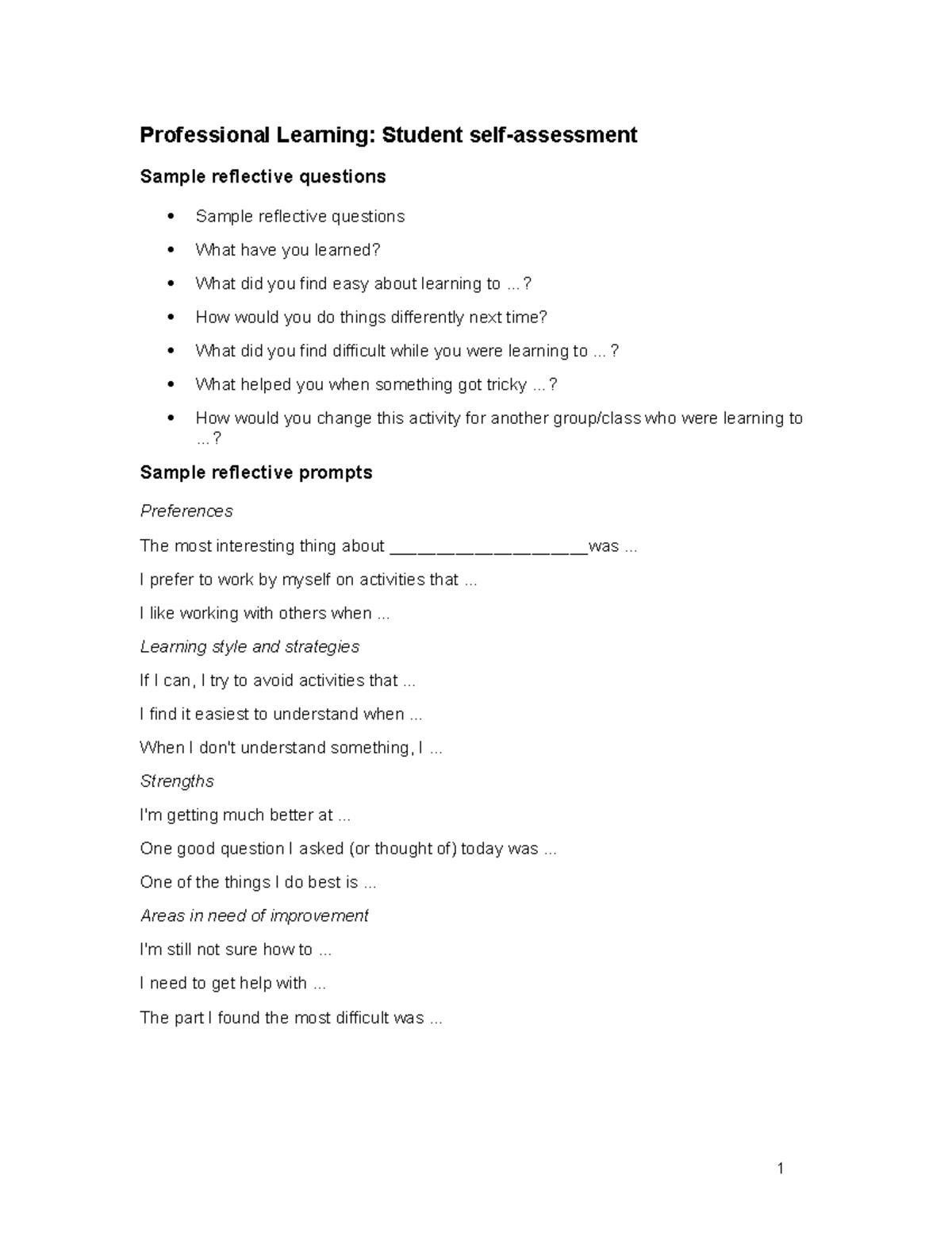 Self Assessment Questions For Students Pdf