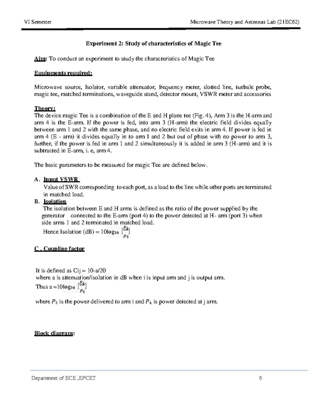 Magic TEE Exp - VI Semester Microwave Theory and Antennas Lab (21EC62 ...