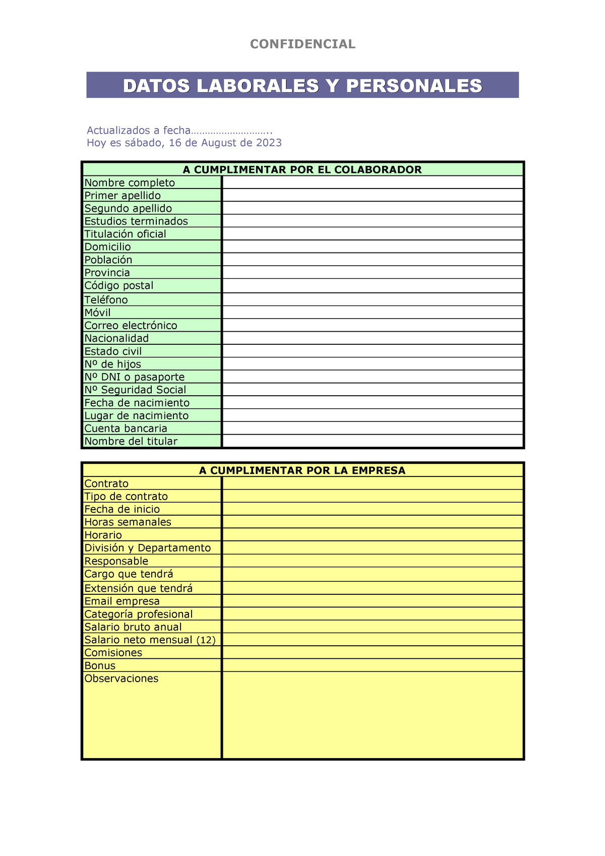 Ficha De Datos Personales Del Trabajador Confidencial Datos Laborales Y Personalesdatos 4375