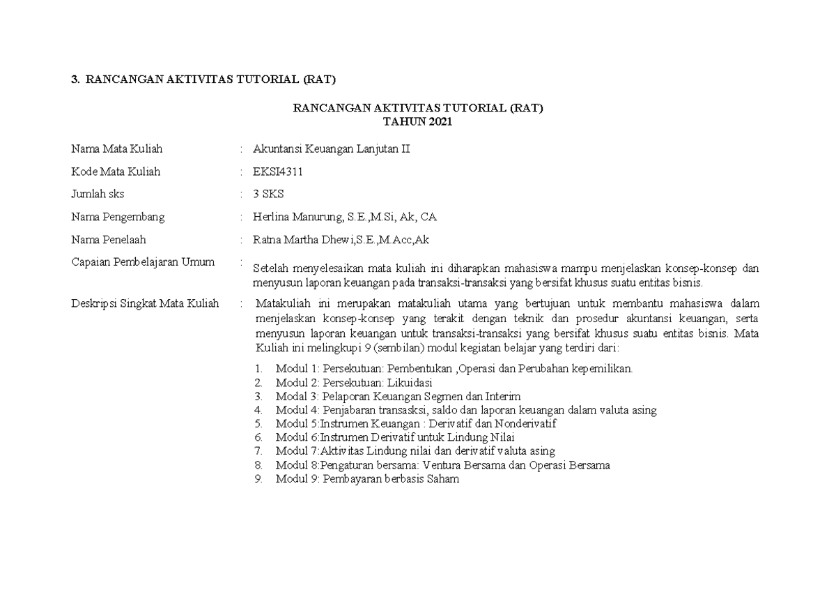 RAT EKSI4311 AKL 2 - 3. RANCANGAN AKTIVITAS TUTORIAL (RAT) RANCANGAN ...