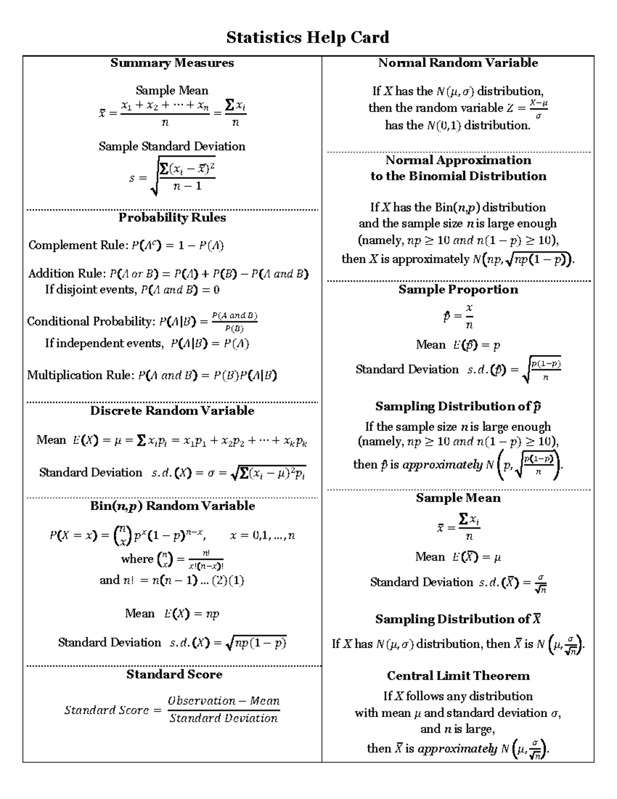 Stats 250 Full Help Card Studocu