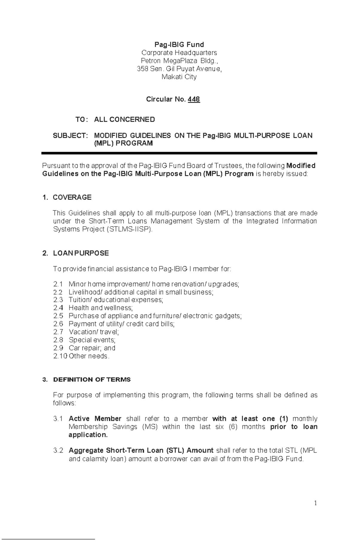 Circular No. 448 - Modified Guidelines on the Pag-IBIG Fund MPL Program ...
