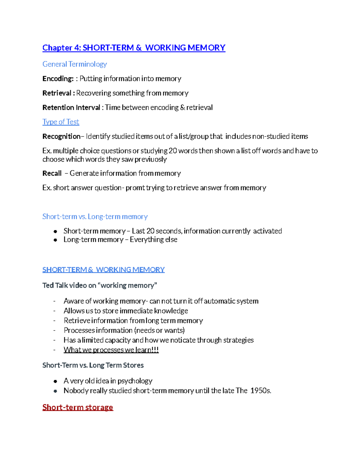Human memory Chapter 4: Memory and Encoding - Chapter 4: SHORT-TERM ...