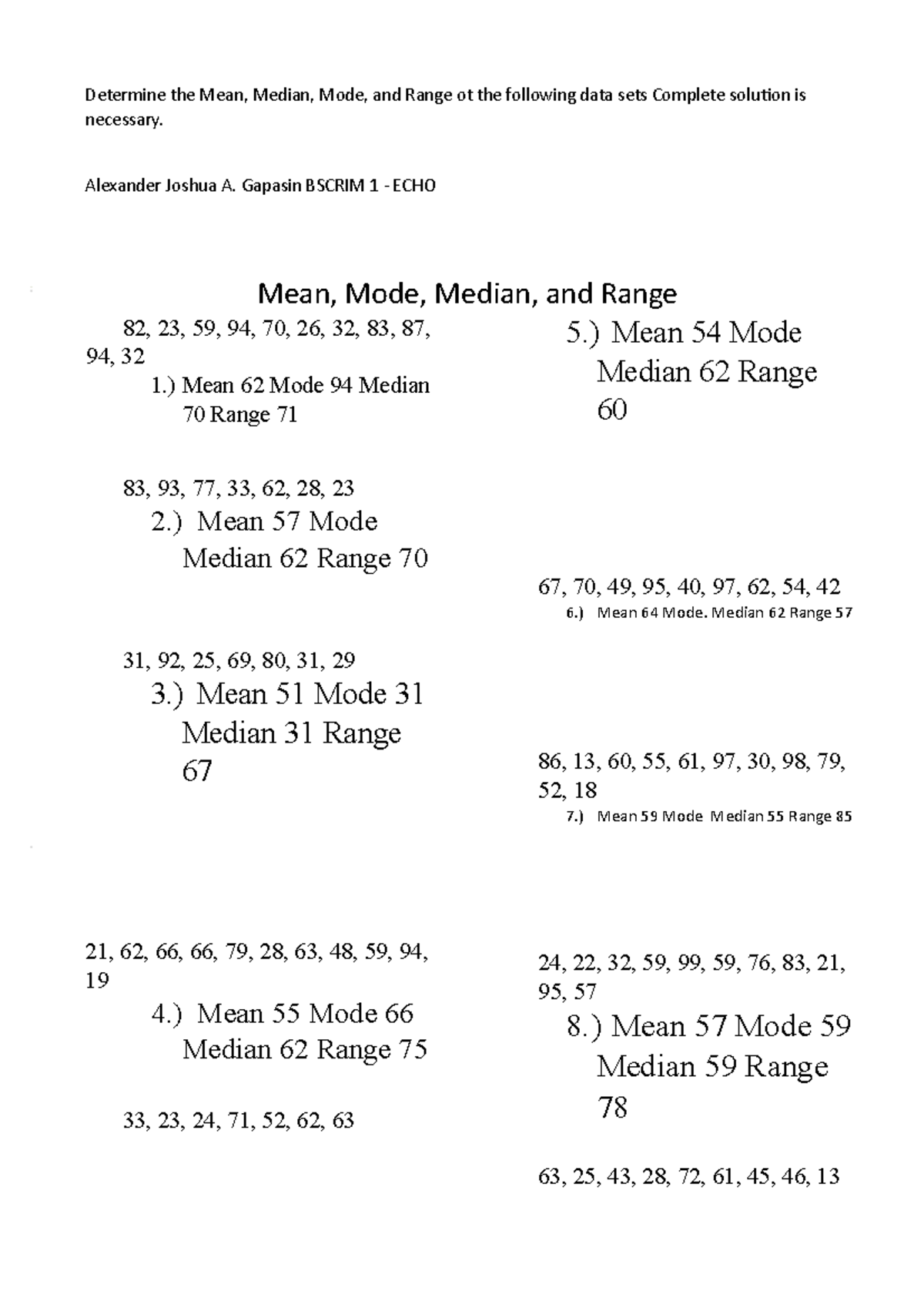 Activity%201%20-%20M - Determine the Mean, Median, Mode, and Range ot ...