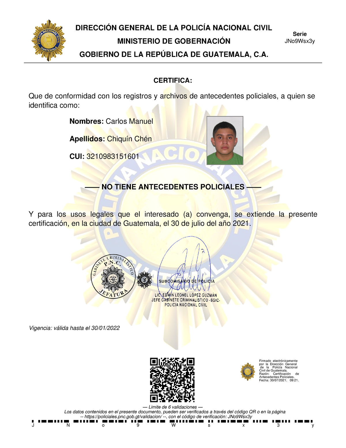 Antecedentes policiacos carlos manuel chiquin DIRECCIÓN GENERAL DE LA