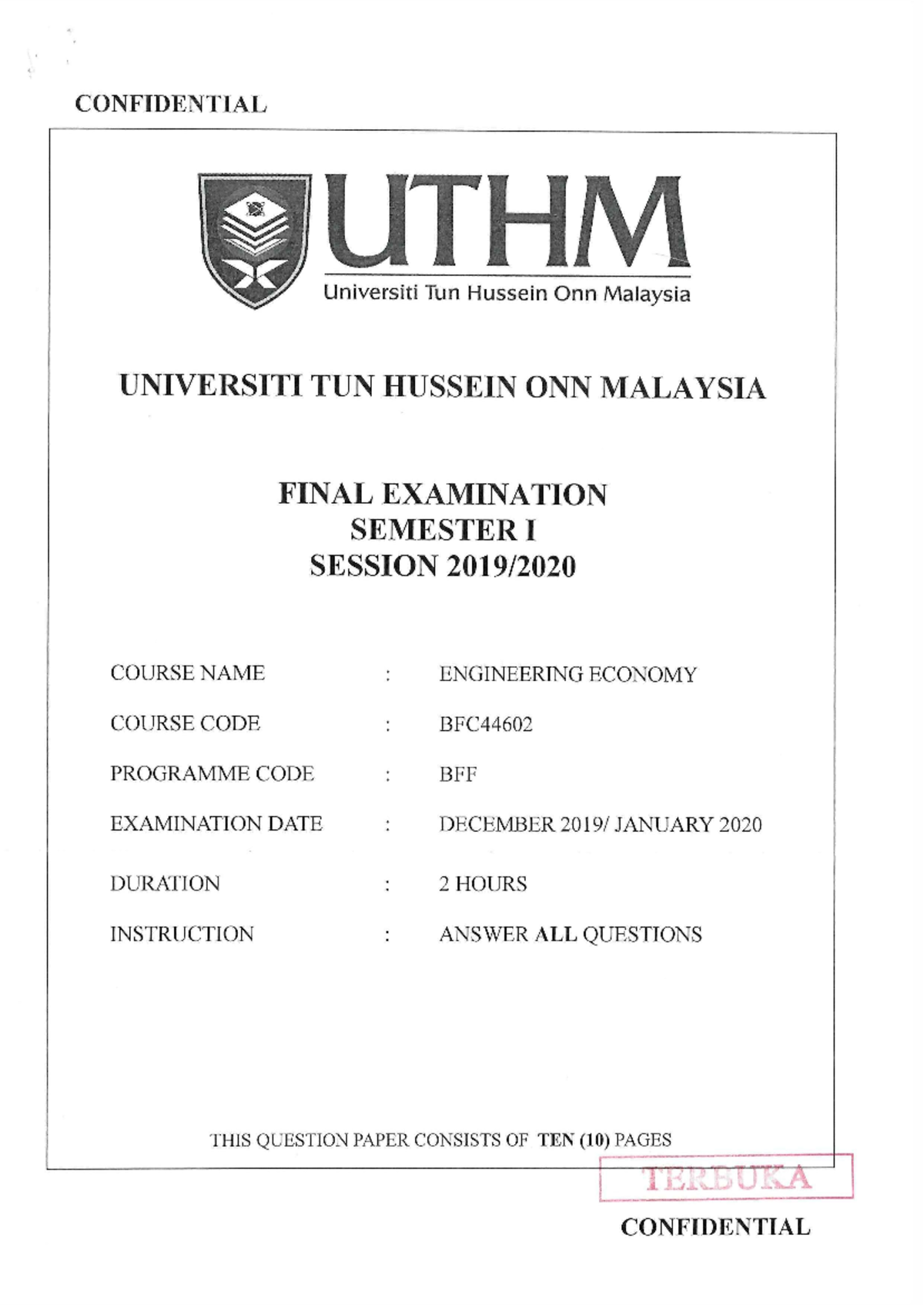 Sem I Sesi 2019 2020 Final Exam Paper CONFIDENTIAL UTHM Universiti Sem I Sesi 2019 2020 Final Exam Paper CONFIDENTIAL UTHM Universiti