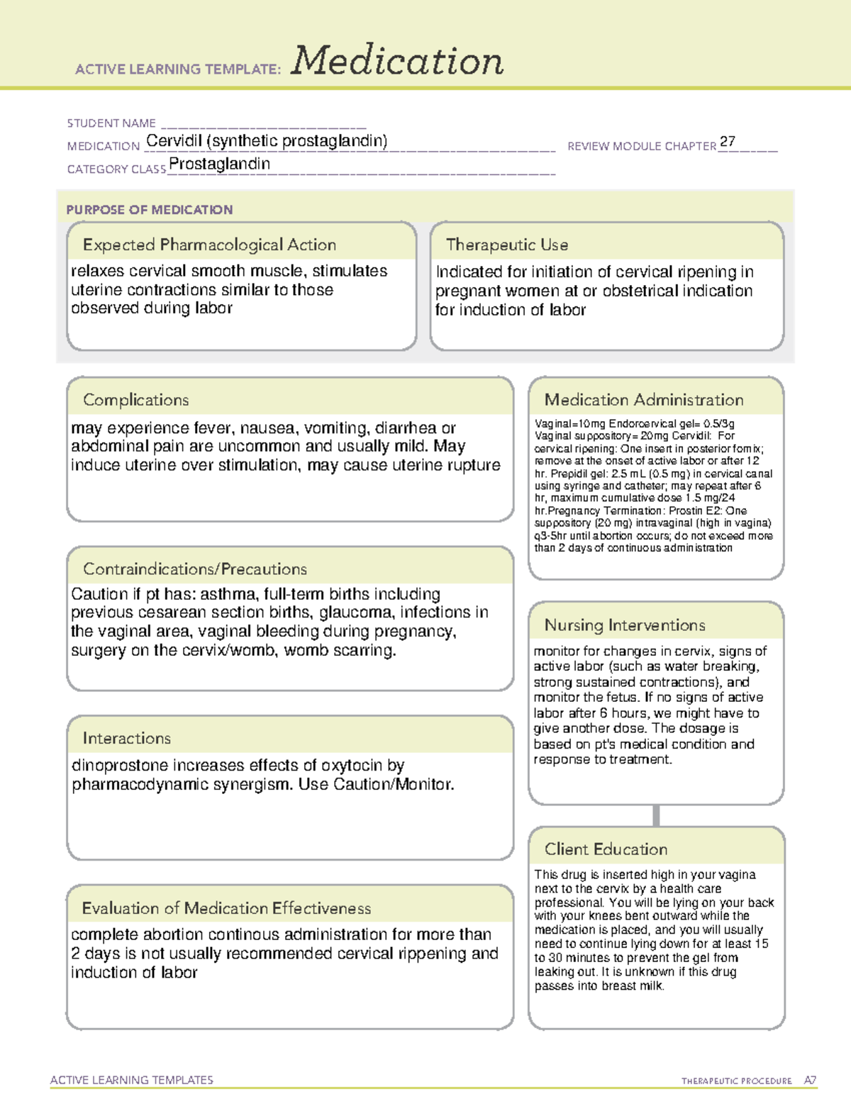 Medication Template Cervidil ACTIVE LEARNING TEMPLATES THERAPEUTIC