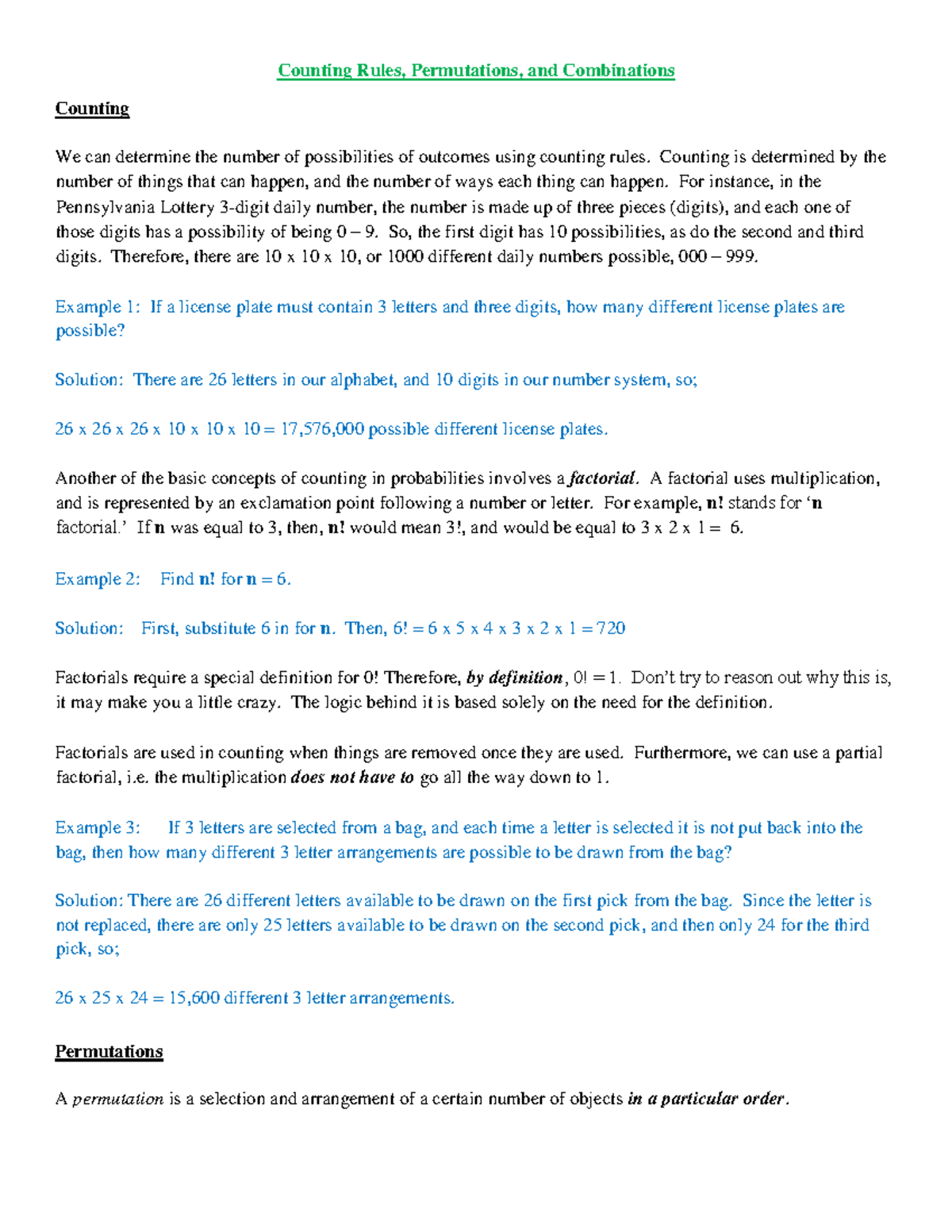 Ch4Permutations Combinations Section 44SU19 Counting Rules