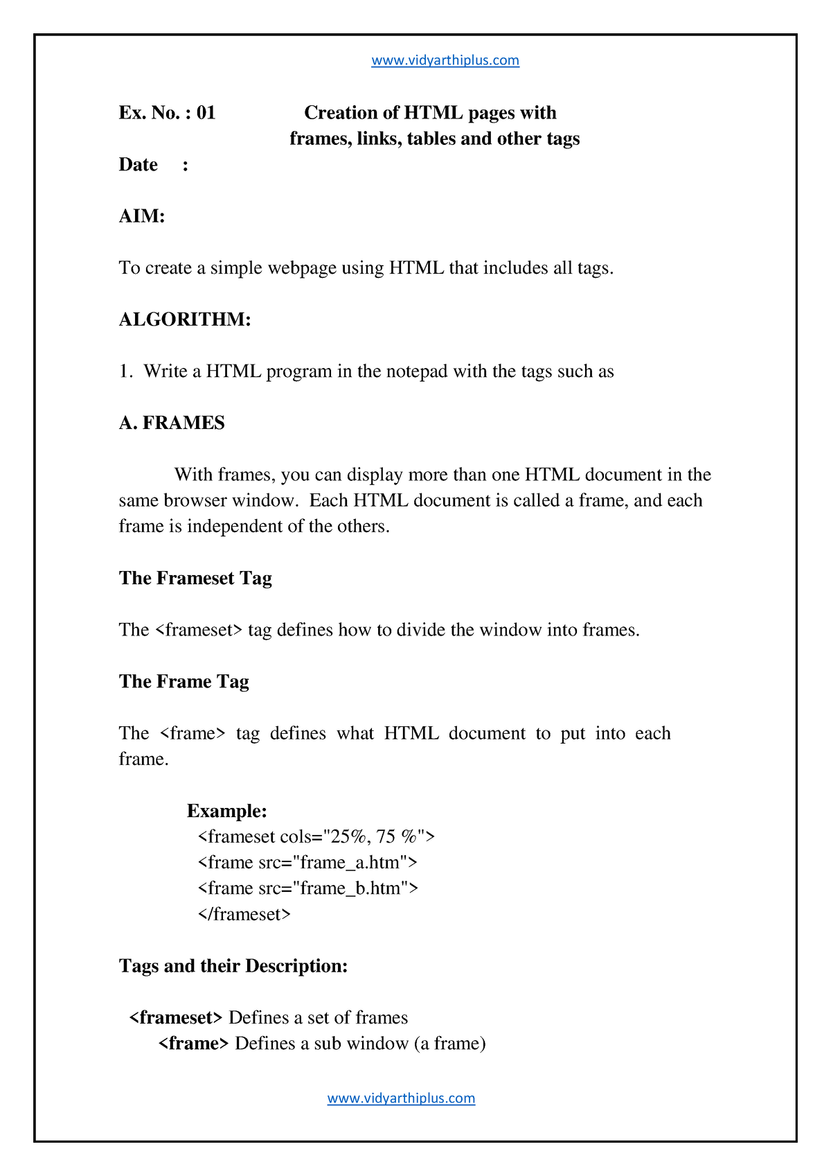 WEB TECH Lab Manual - Vbbb - Ex. No. : 01 Creation Of HTML Pages With ...