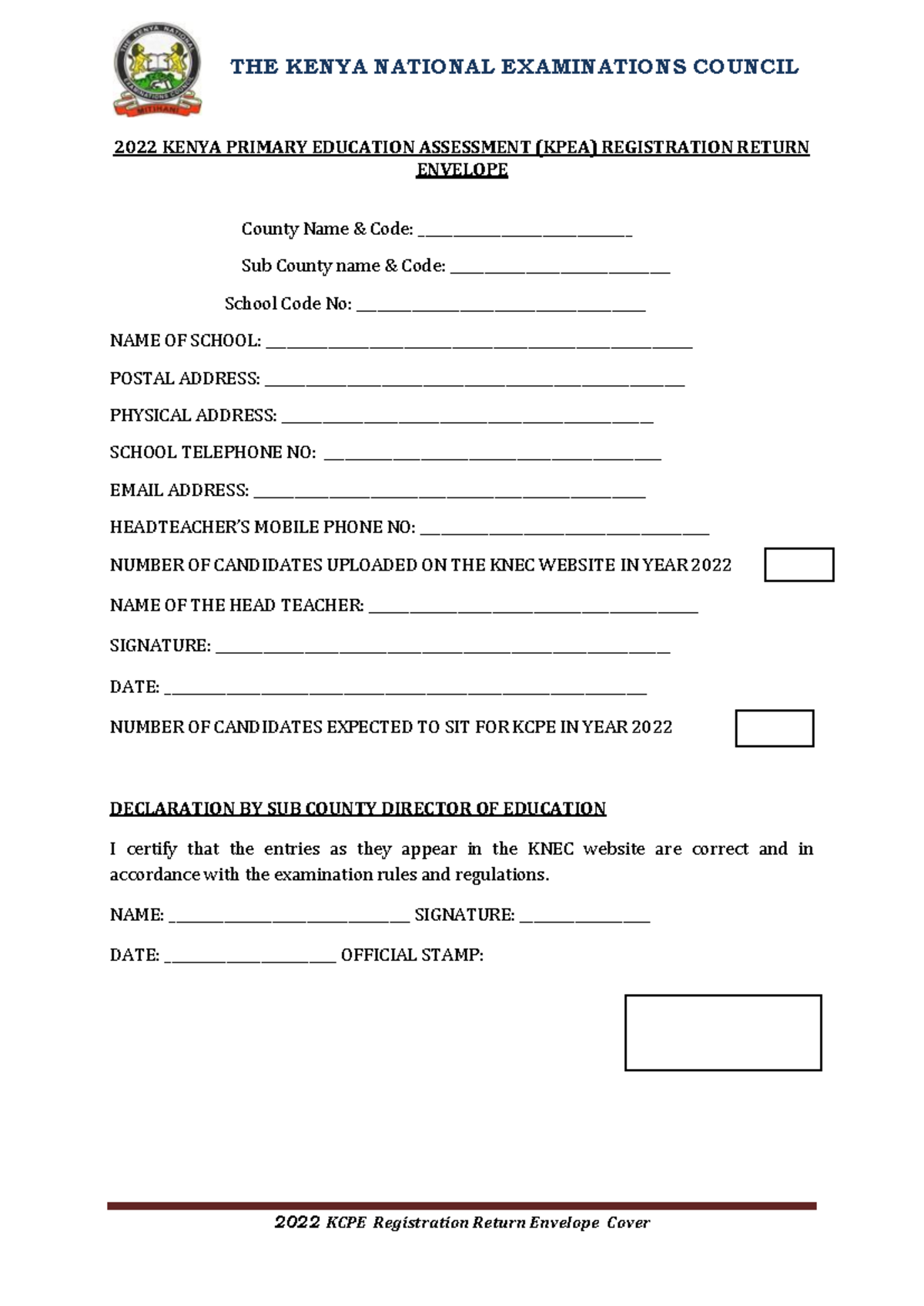 2022 Return envelope KPEA 2022 KCPE Registration Return Envelope