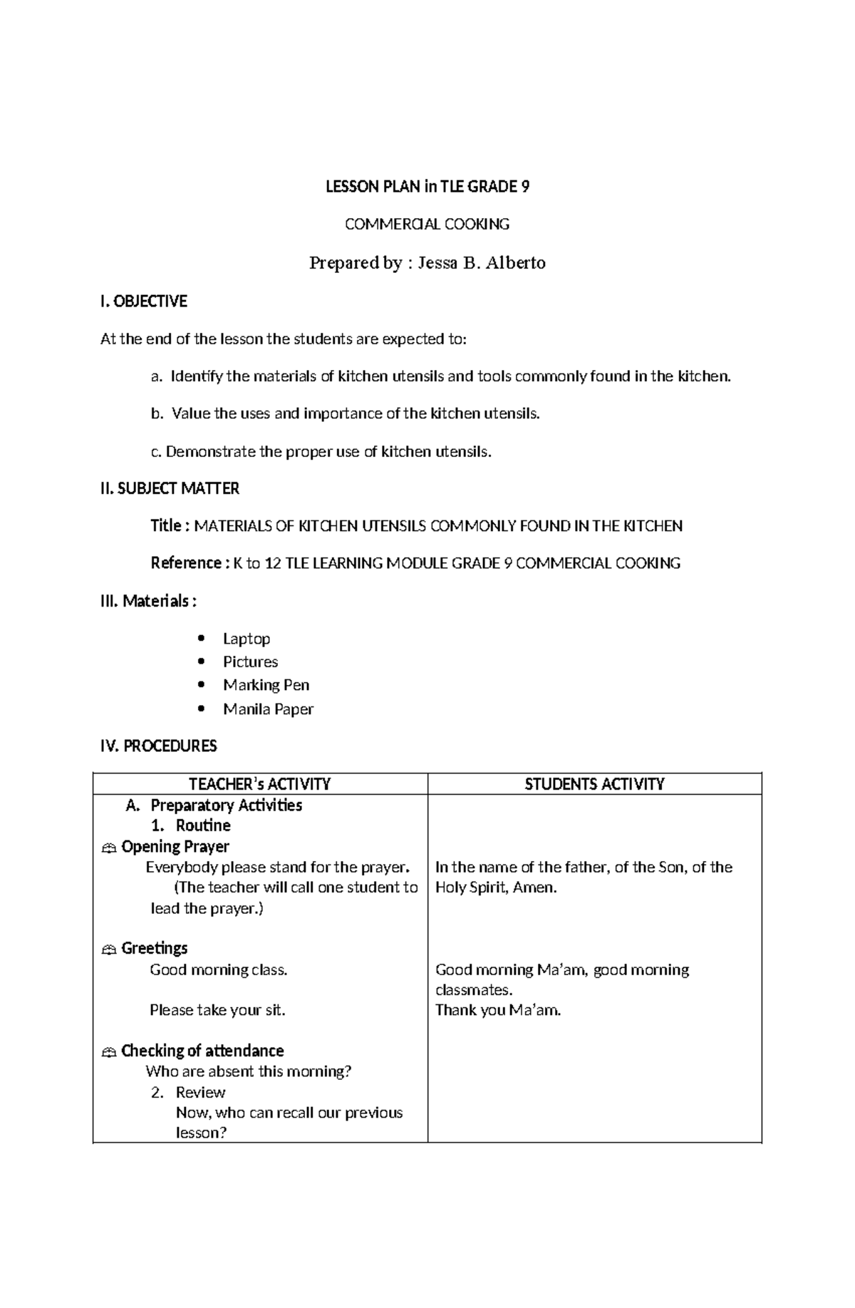 Lesson PLAN in TLE Grade 9 - LESSON PLAN in TLE GRADE 9 COMMERCIAL ...