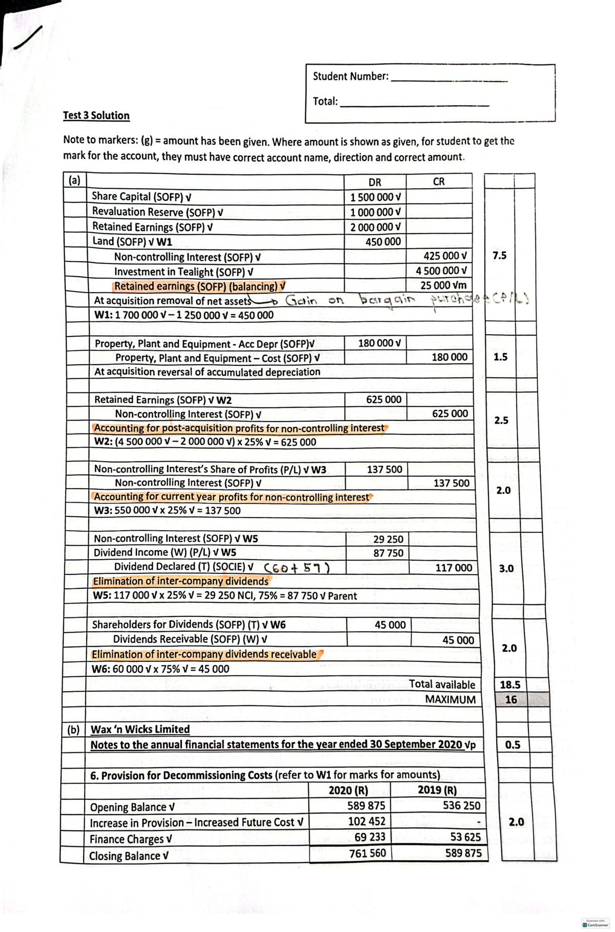 Test 3 2020 Solution ACCT212 - Student Number: Total: Test 3 Solution ...