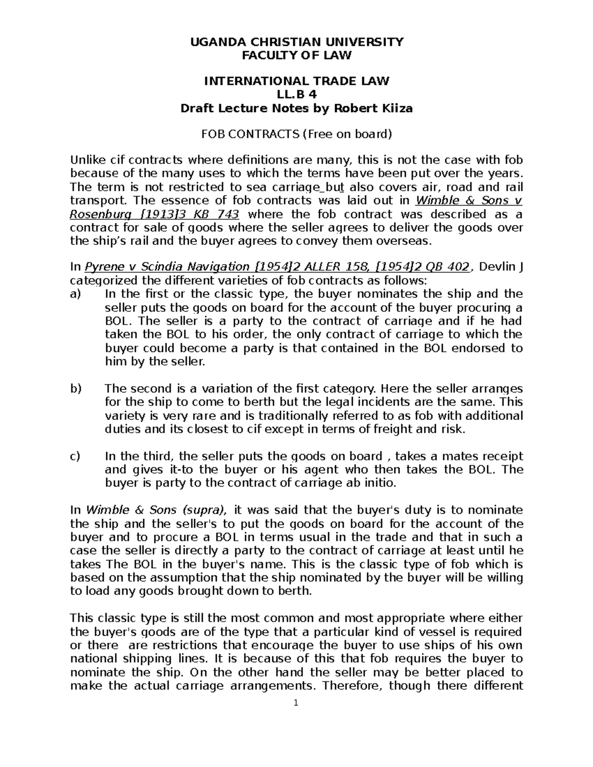 Free on board lecture notes UGANDA CHRISTIAN UNIVERSITY FACULTY OF