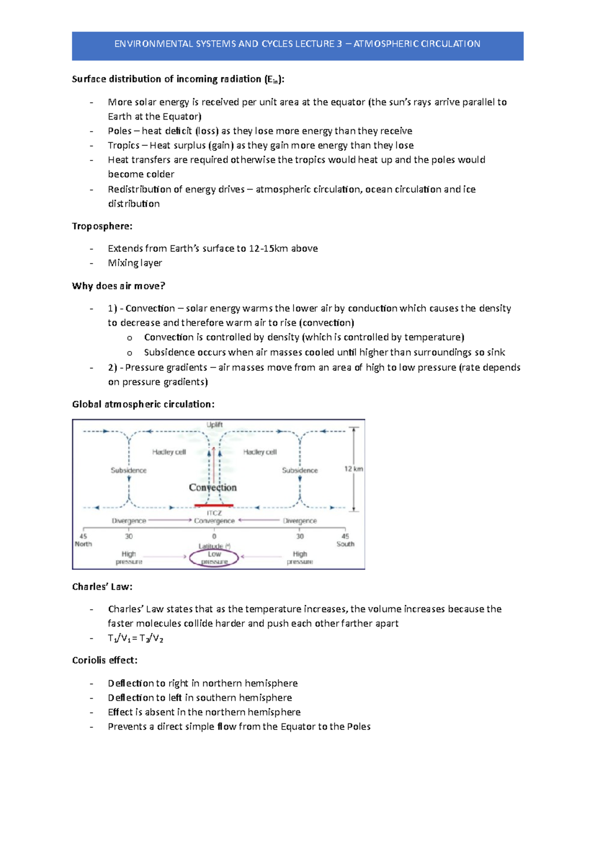 Lecture 3 - Atmospheric circulation - Surface distribution of incoming ...