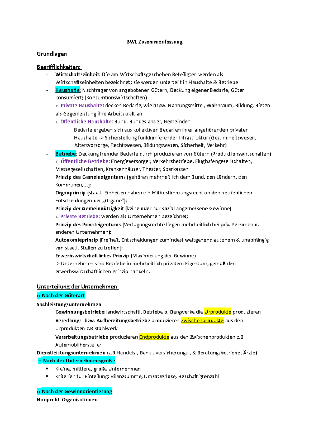 Zusammenfassung - BWL Zusammenfassung Grundlagen Begrifflichkeiten ...