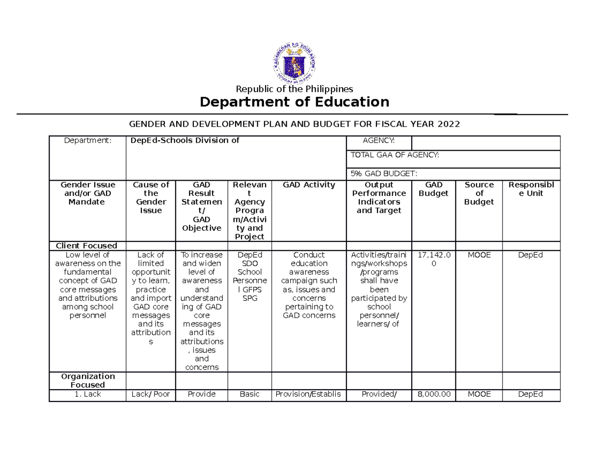 Gad - proposal - Republic of the Philippines Department of Education ...